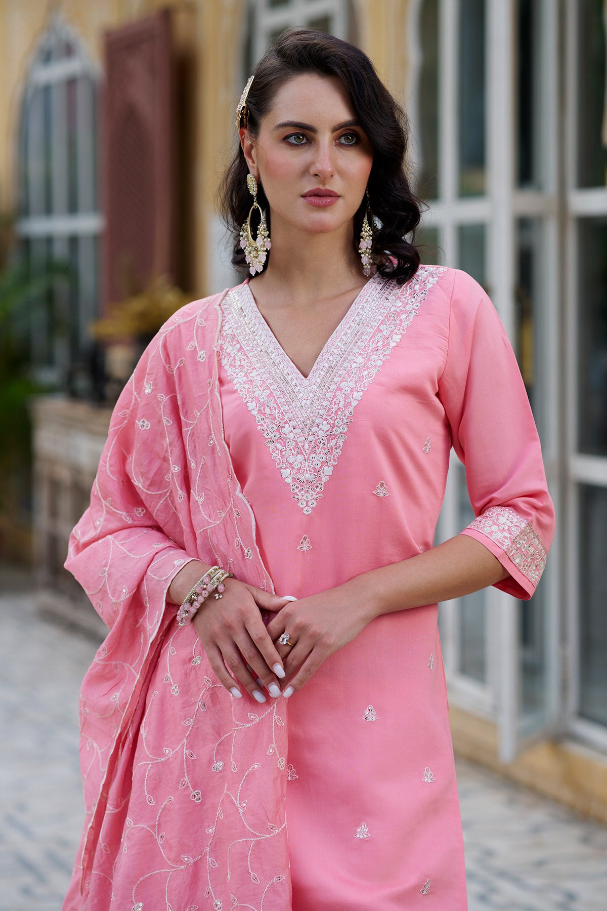 Pink Silk Yoke V Neck Kurta Set