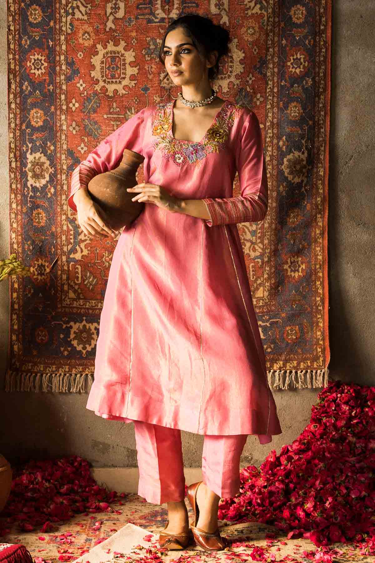 Seharre Pink Silk Zari Tissue Kurta Set for women online at ScrollnShops