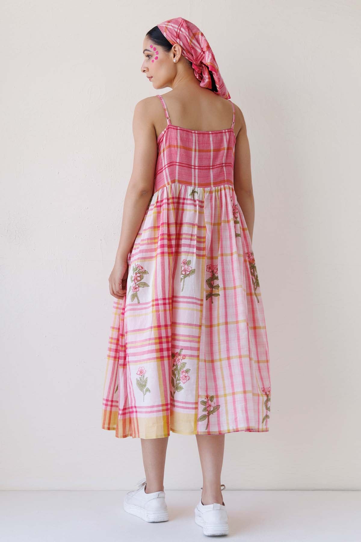 Pink Sleeveless Print Midi Dress