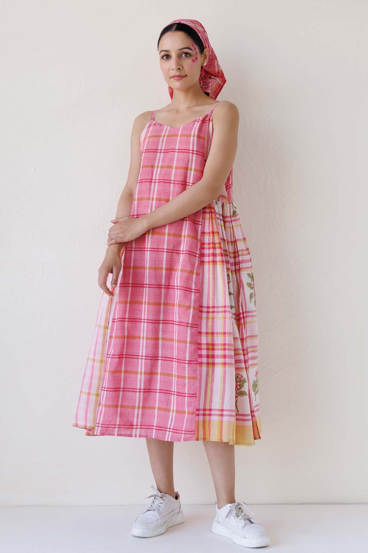 Pink Sleeveless Print Midi Dress