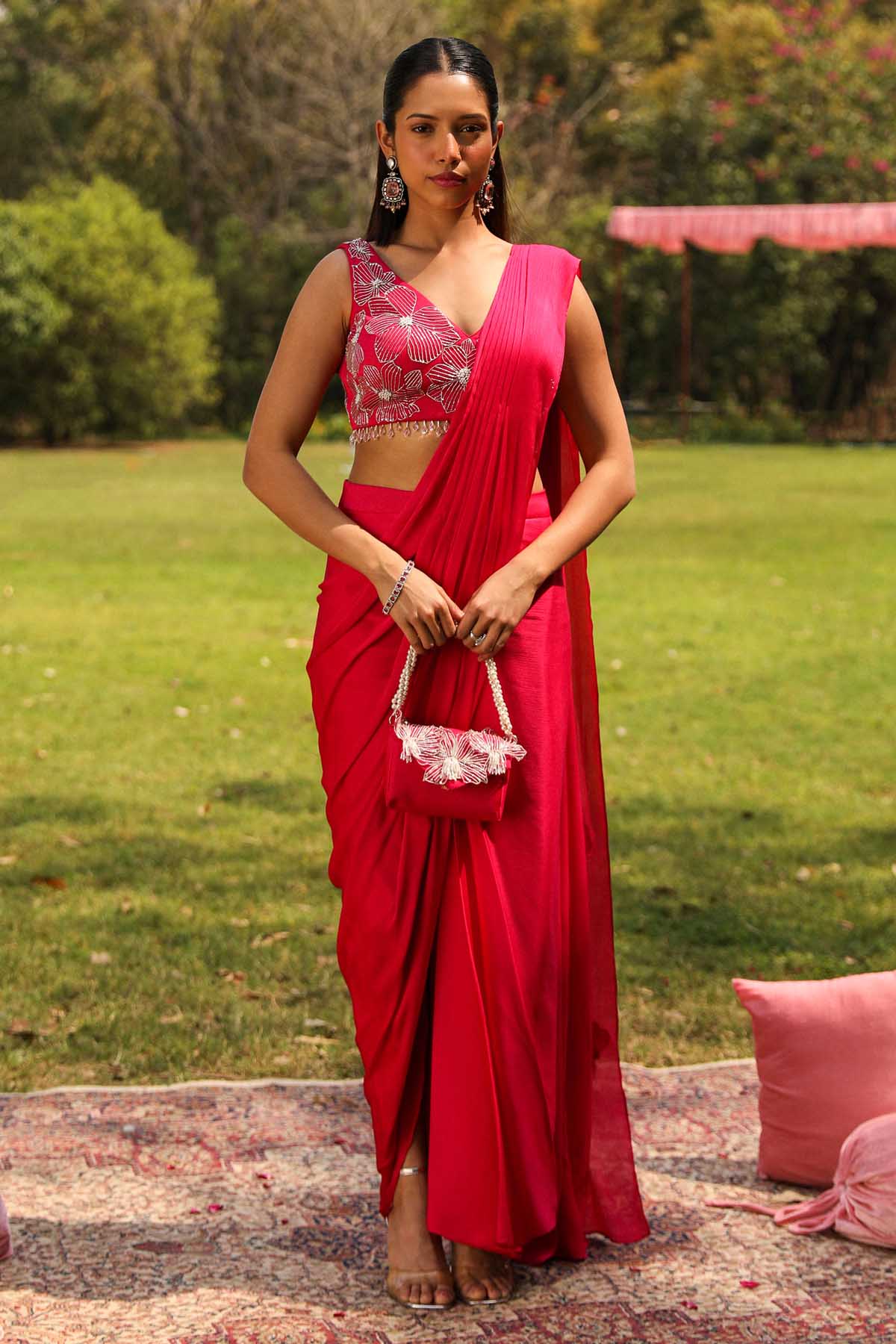 Ajiesh Oberoi Pink Slit Saree & Floral Blouse  for women online at ScrollnShops