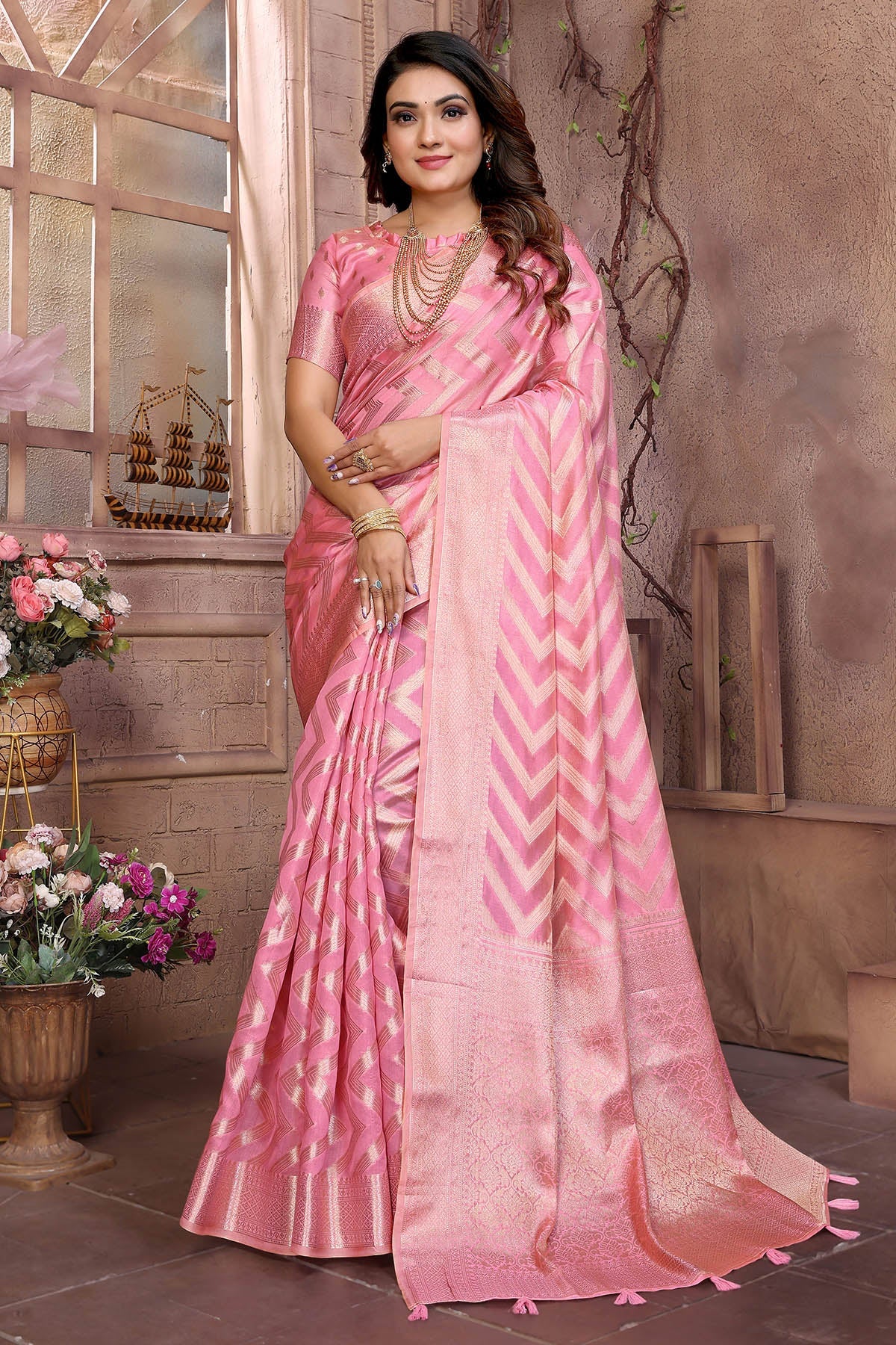 Buy Pink Soft Organza Weaving Saree for women by Aastha Fashion online available at scrollnshops