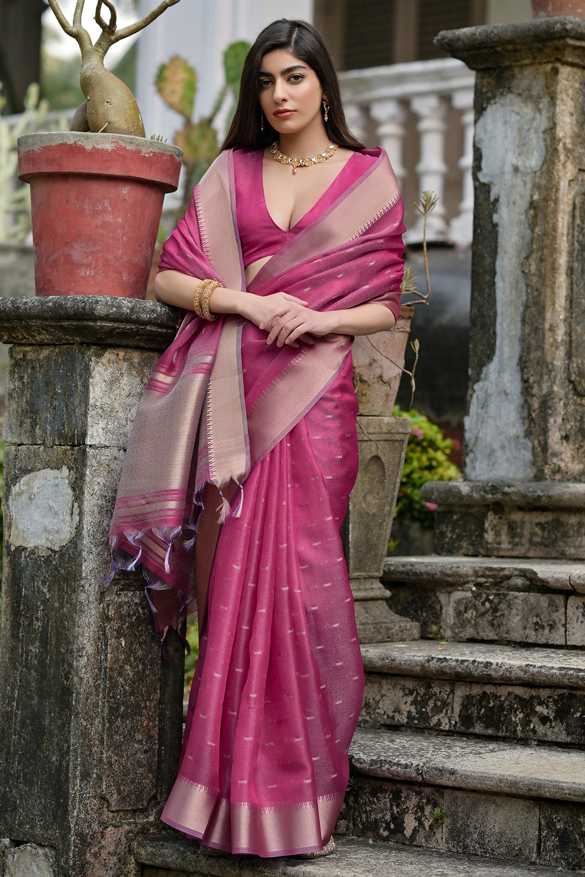 Pink Soft Tussar Woven Saree