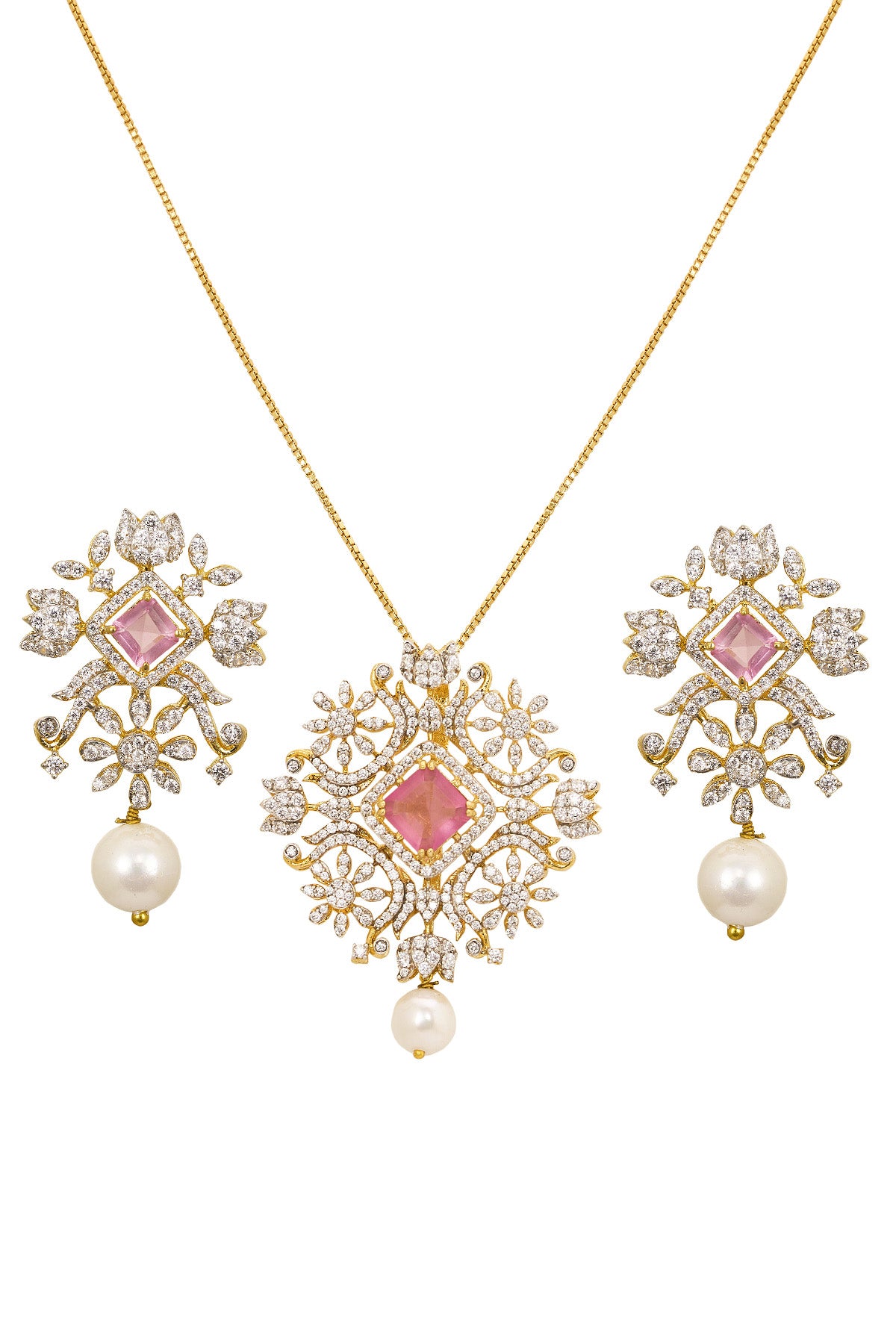 Pink Stone Diamond Pendant Set