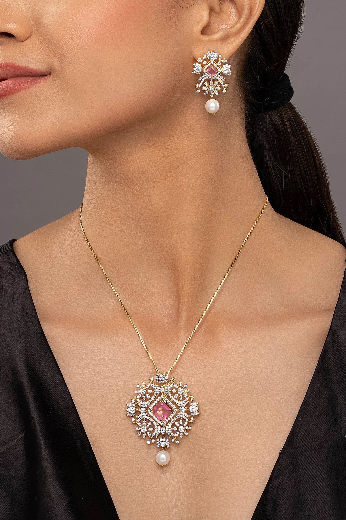 Buy Pink Stone Diamond Pendant Set for women by Sica online available at scrollnshops