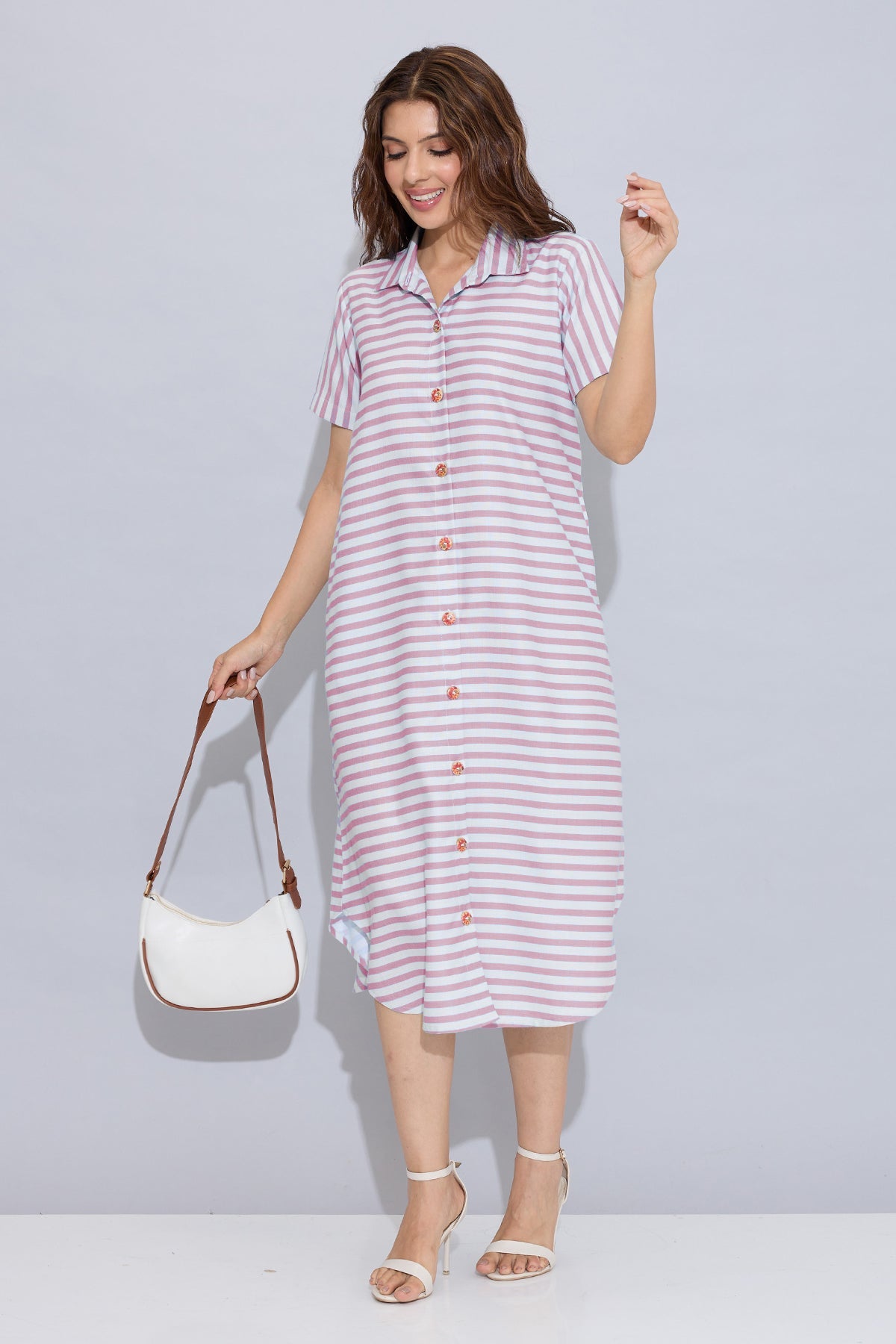 Buy Pink Stripe Cotton Shirt Dress for Women by SNEHA B Designer online available at scrollnshops