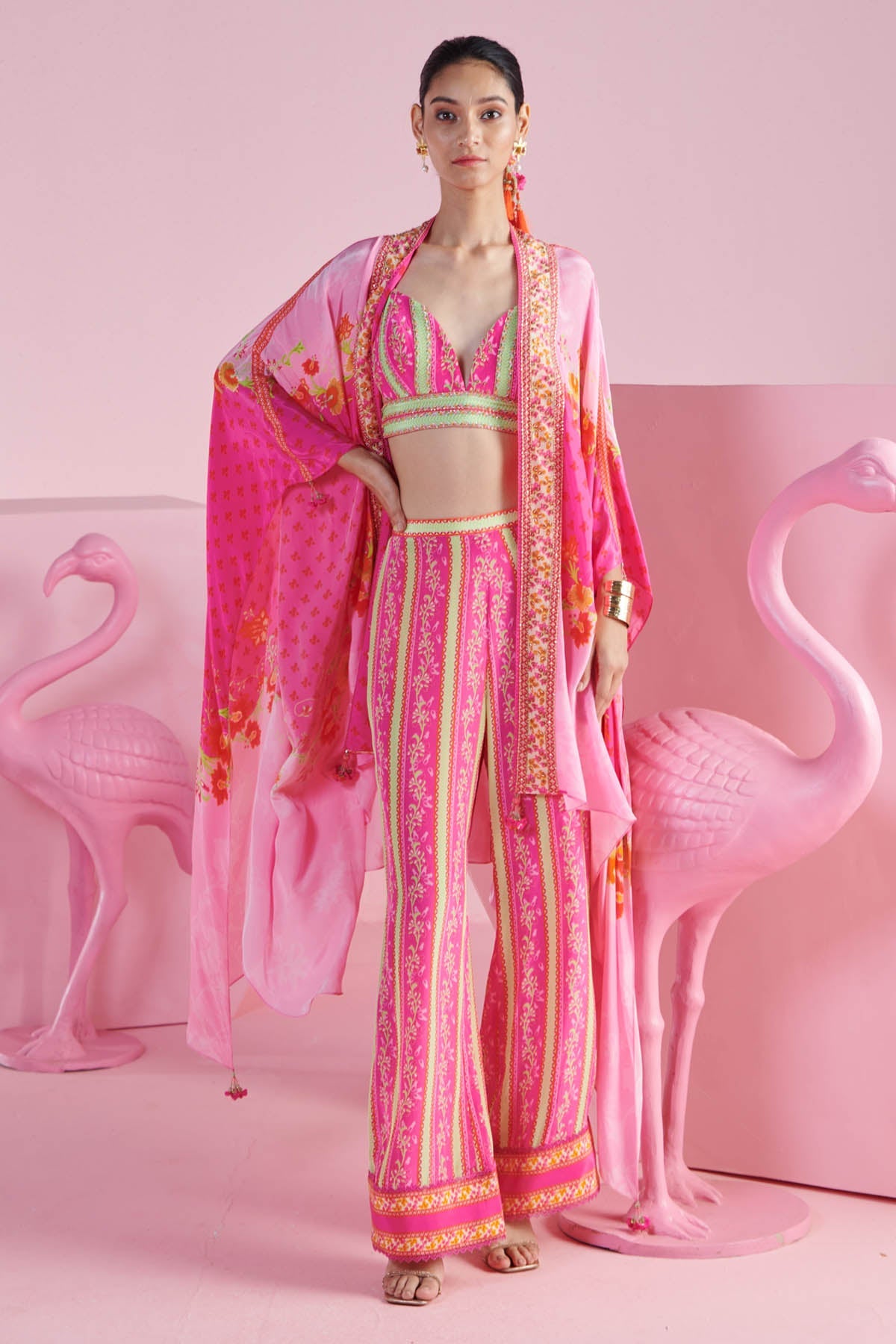 Buy Pink Stripe Printed Shrug Set by Mandira Wirk