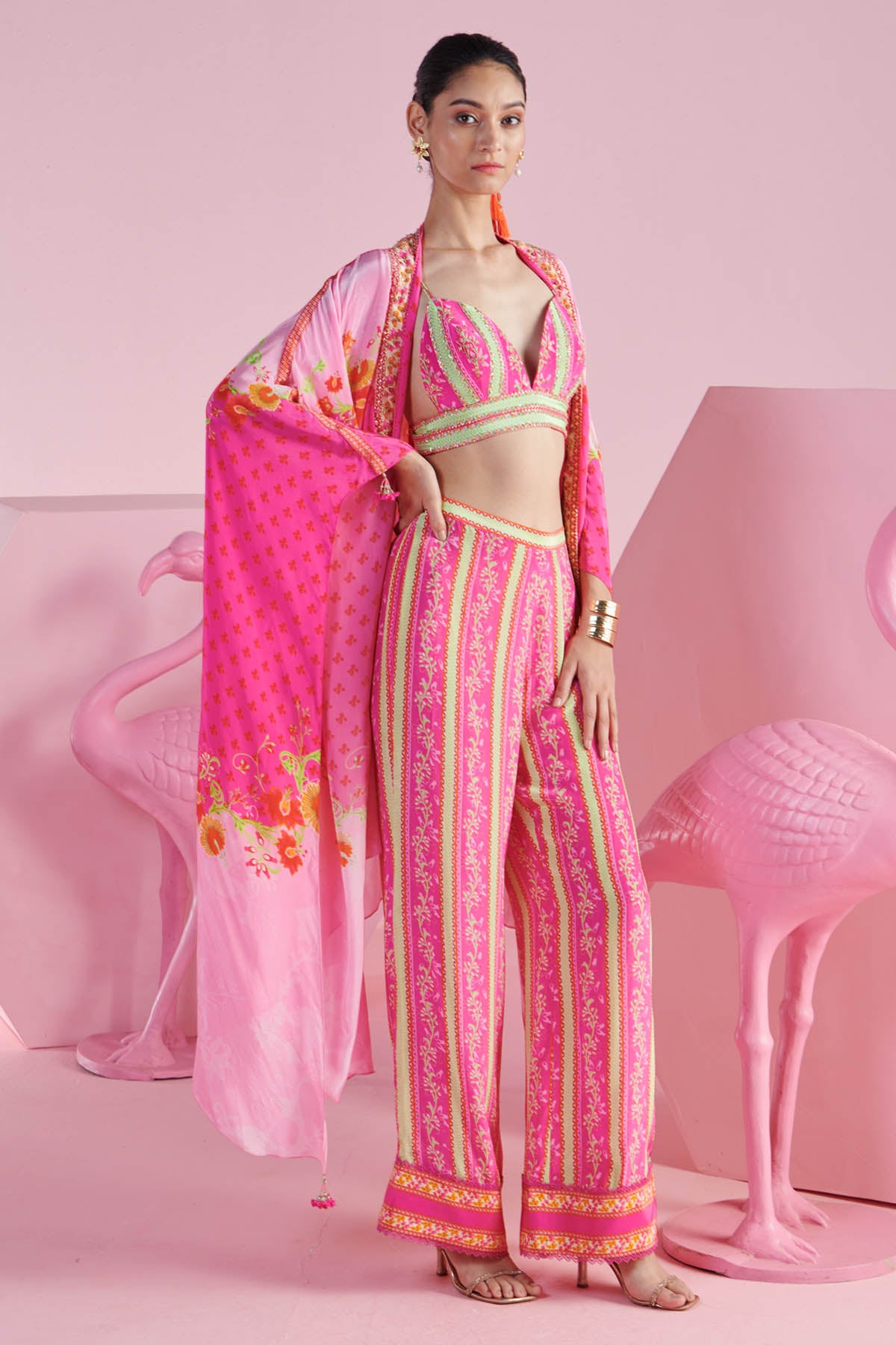 Pink Stripe Printed Shrug Set