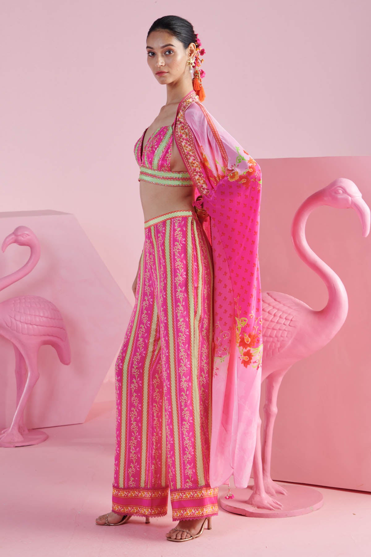 Pink Stripe Printed Shrug Set