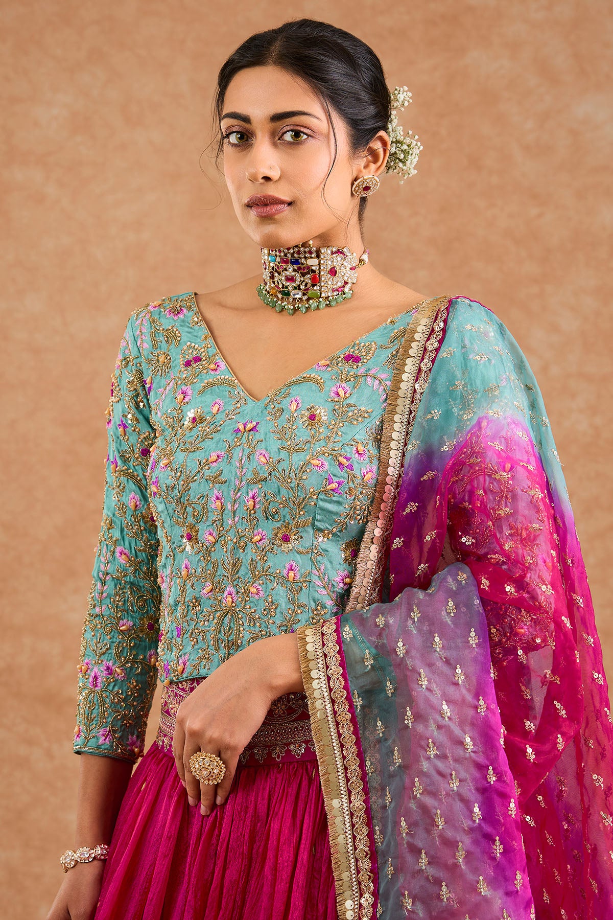 Pink & Teal Viscose Lehenga Set