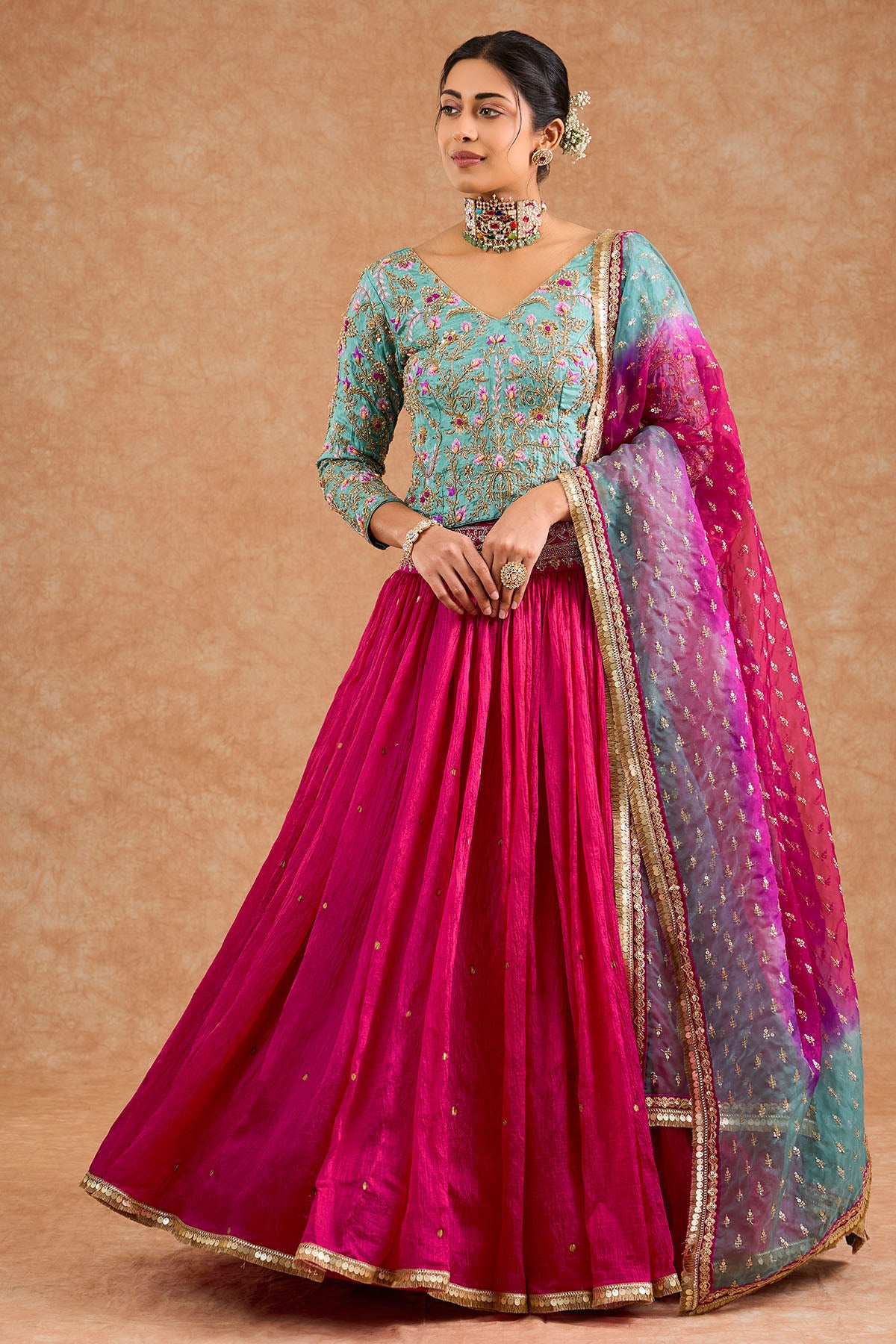Pink & Teal Viscose Lehenga Set