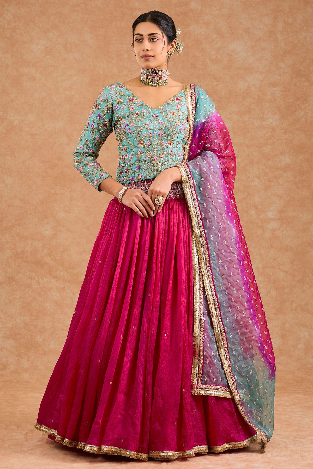 Buy Pink & Teal Viscose Lehenga Set for women by Milu Madan online available at scrollnshops