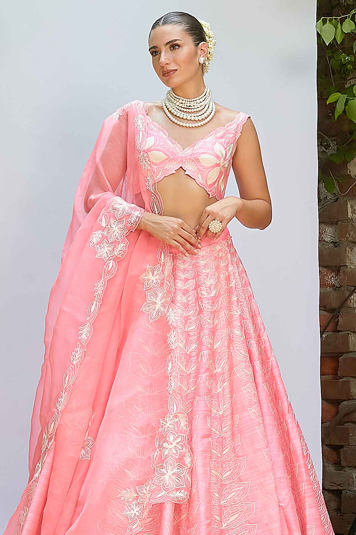 Pink Thread V-Neck Lehenga Set