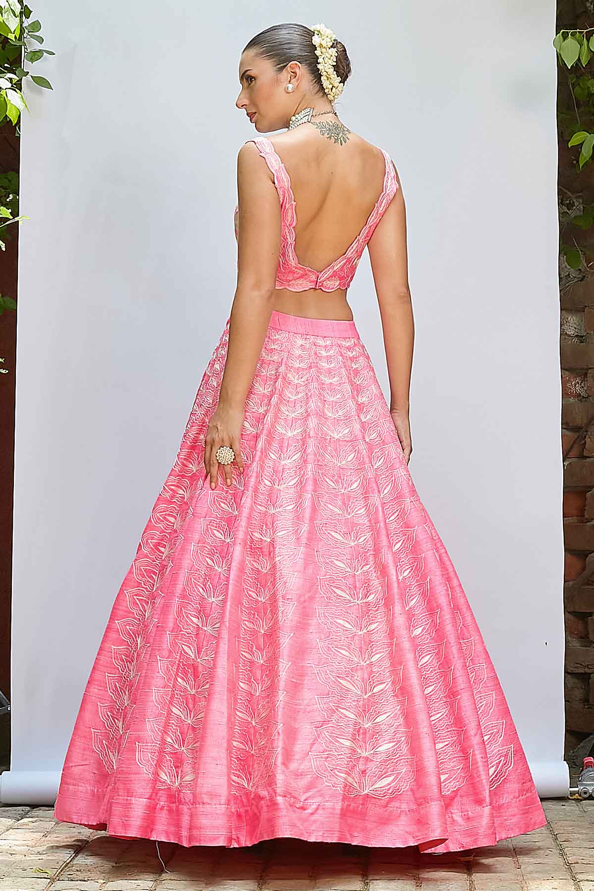 Pink Thread V-Neck Lehenga Set