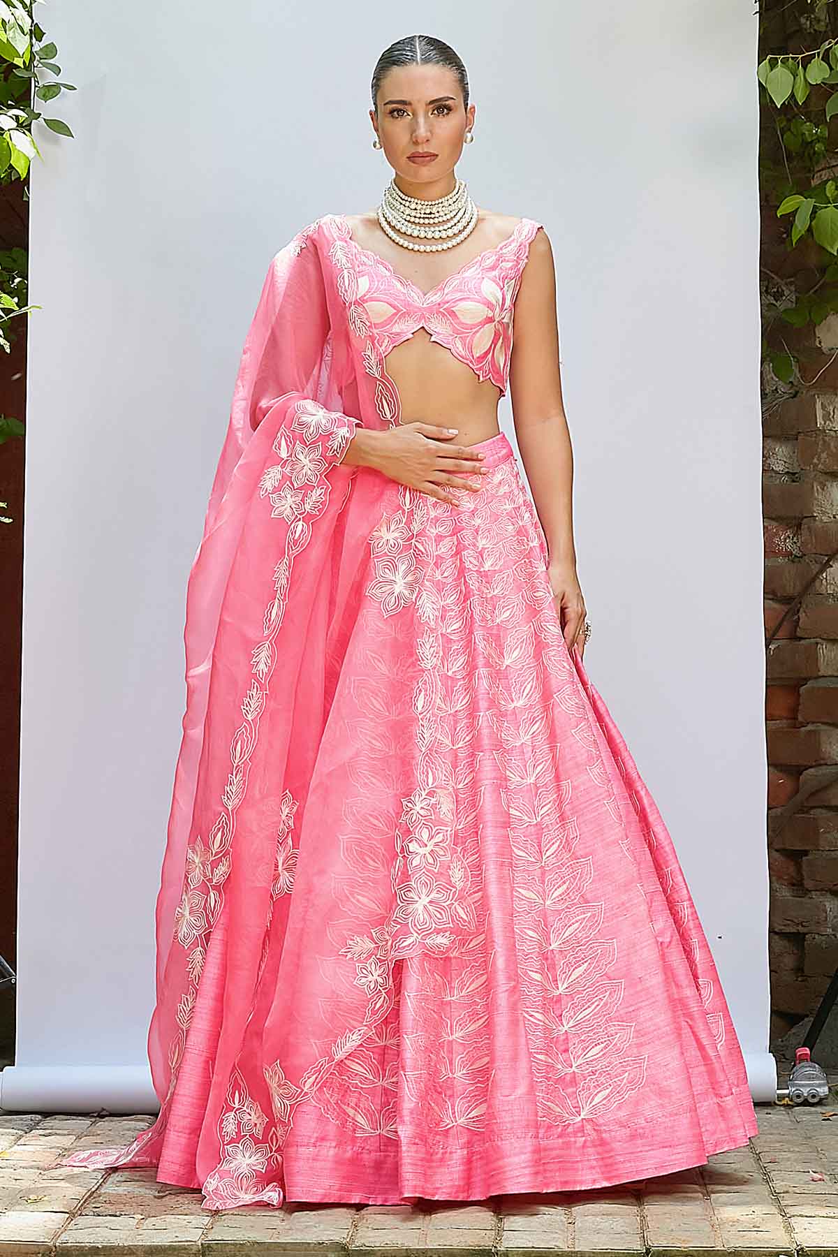 Pink Thread V-Neck Lehenga Set