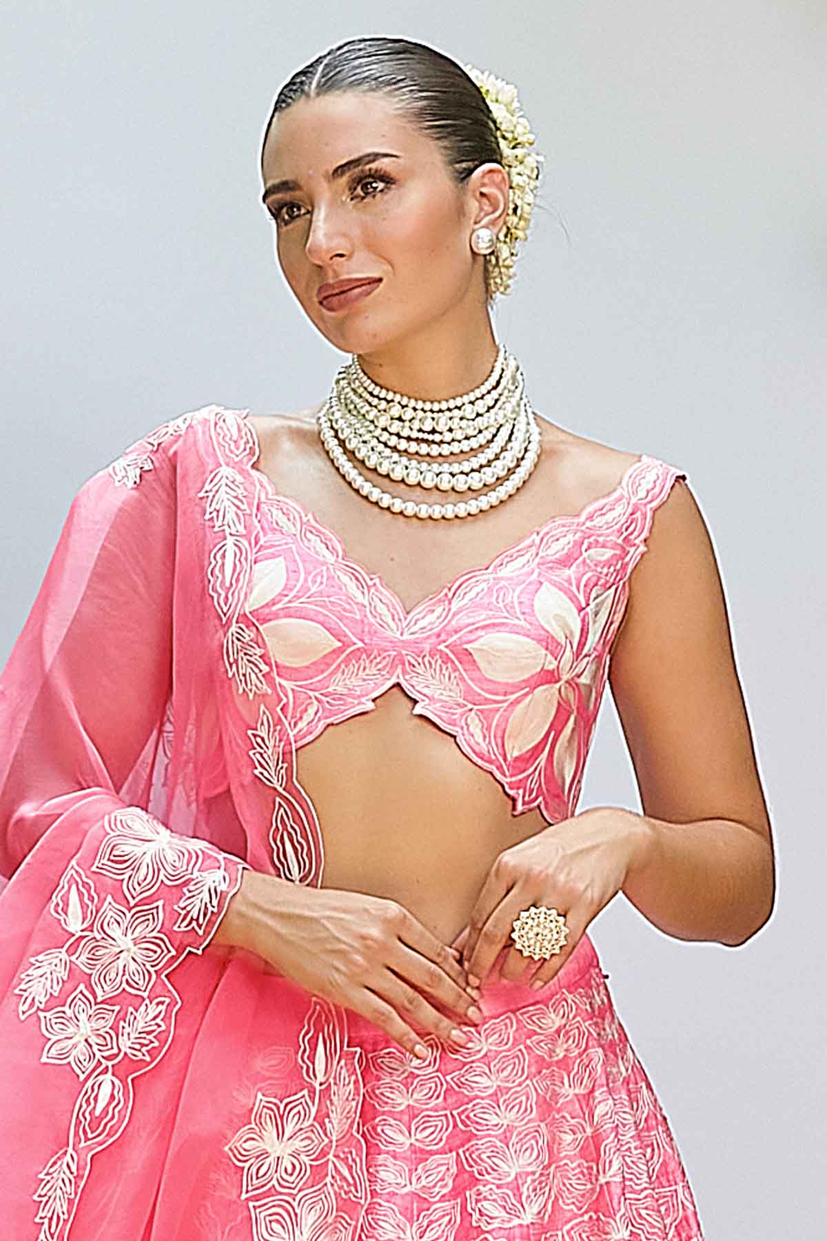 Pink Thread V-Neck Lehenga Set