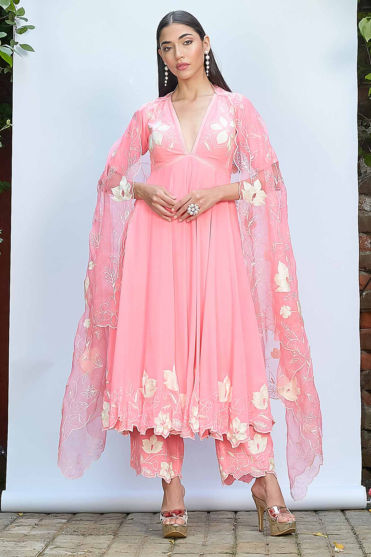 Pink Thread Work Anarkali Set