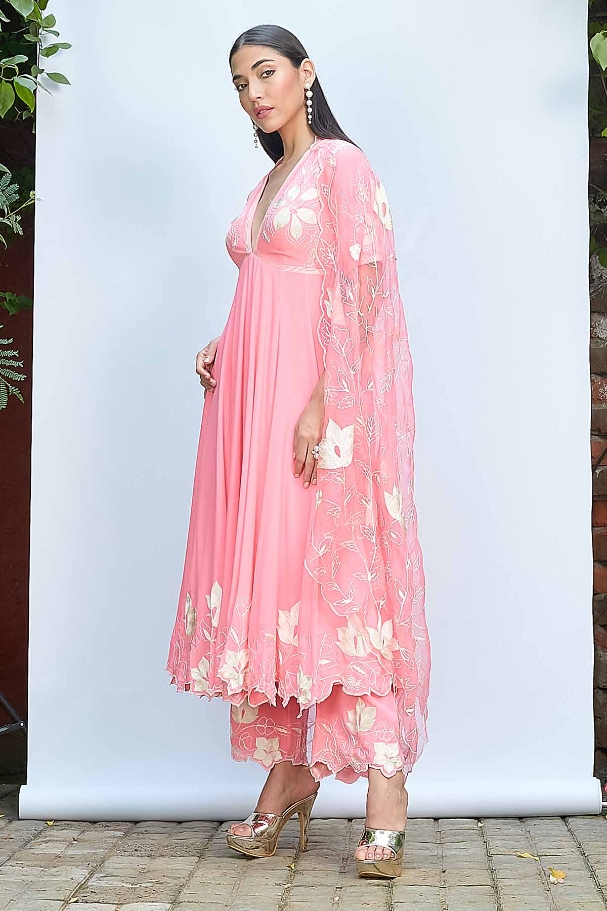 Pink Thread Work Anarkali Set