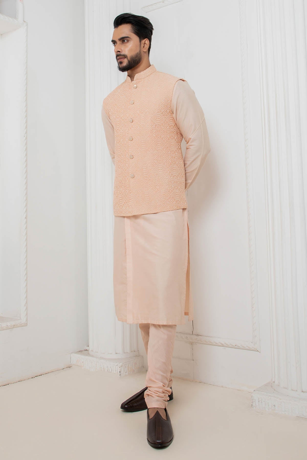 Darshika Menswear Pink Thread Work Jacket Set for men online at ScrollnShops