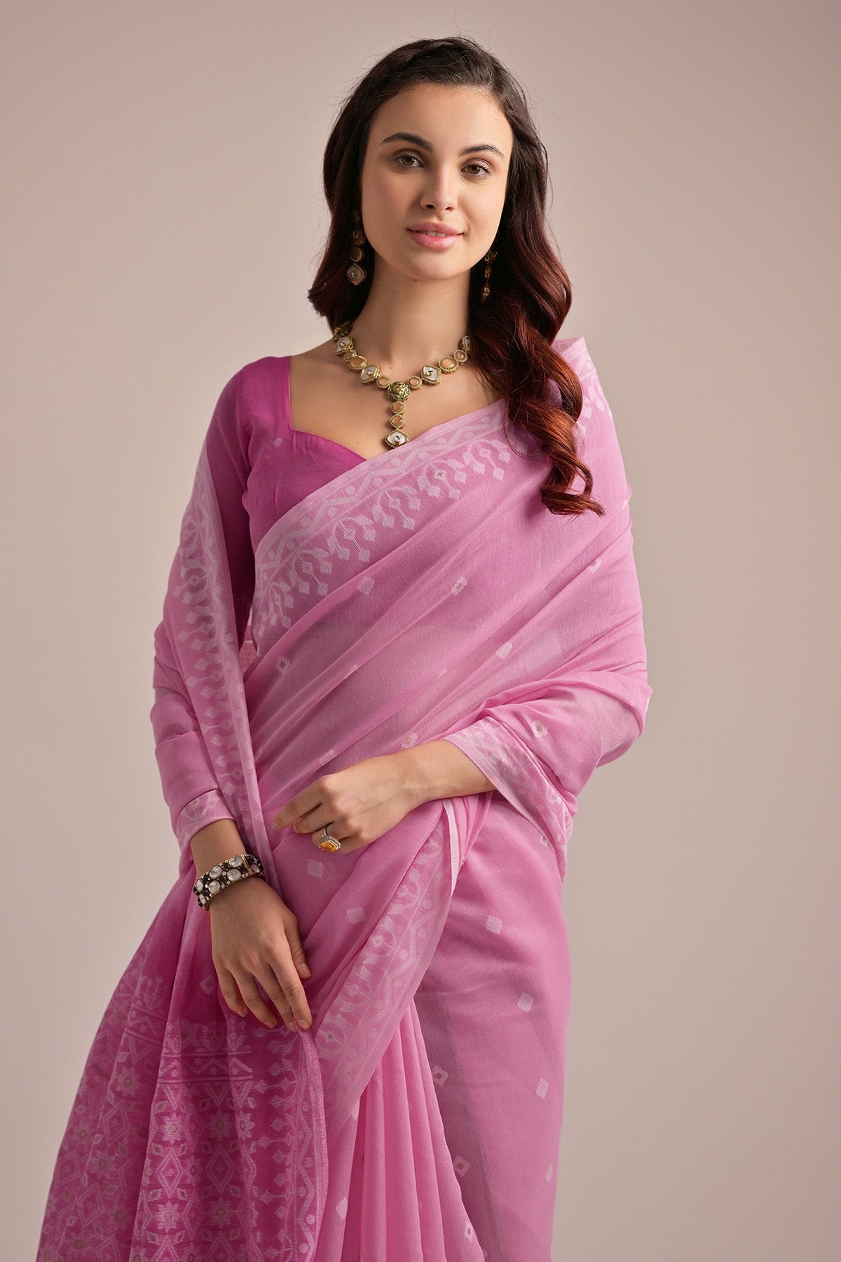 Pink Thread Work Lakhnavi Saree