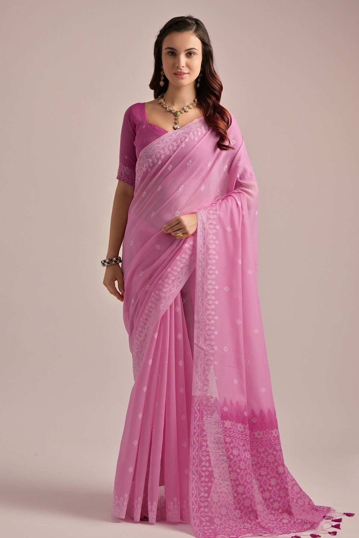 Buy Pink Thread Work Lakhnavi Saree by Lili Lala for women online at ScrollnShops