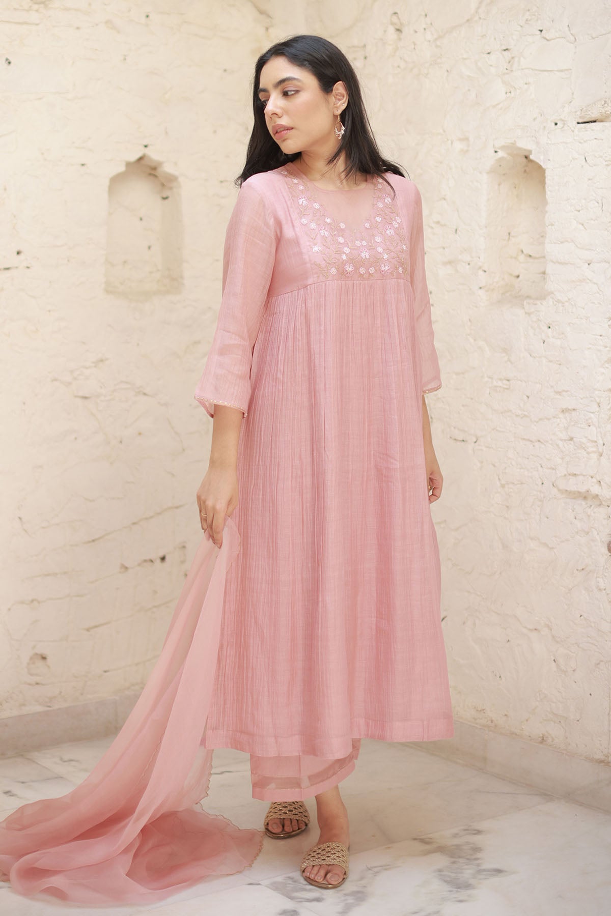 Pink Thread Work Long Kurta Set