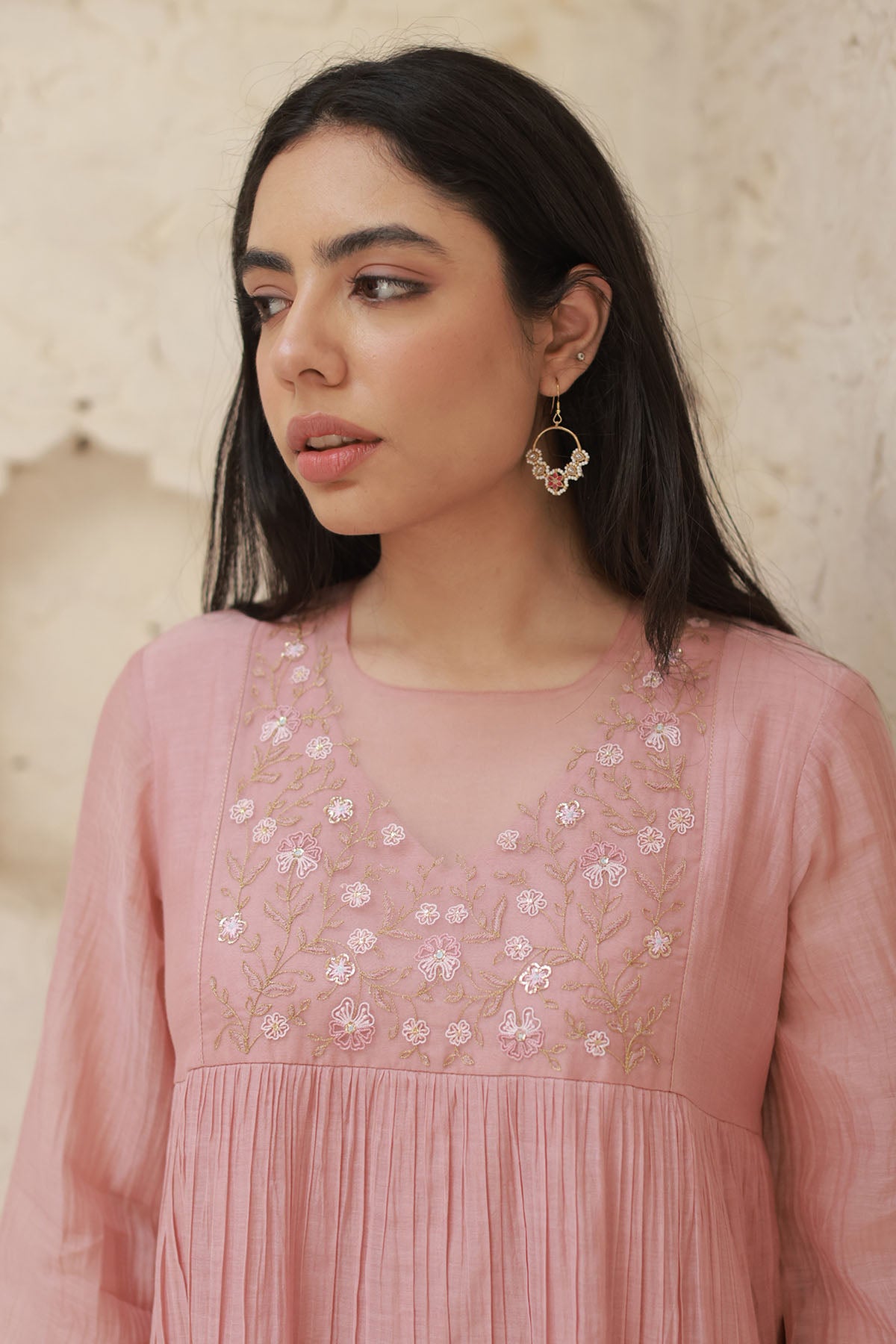 Pink Thread Work Long Kurta Set