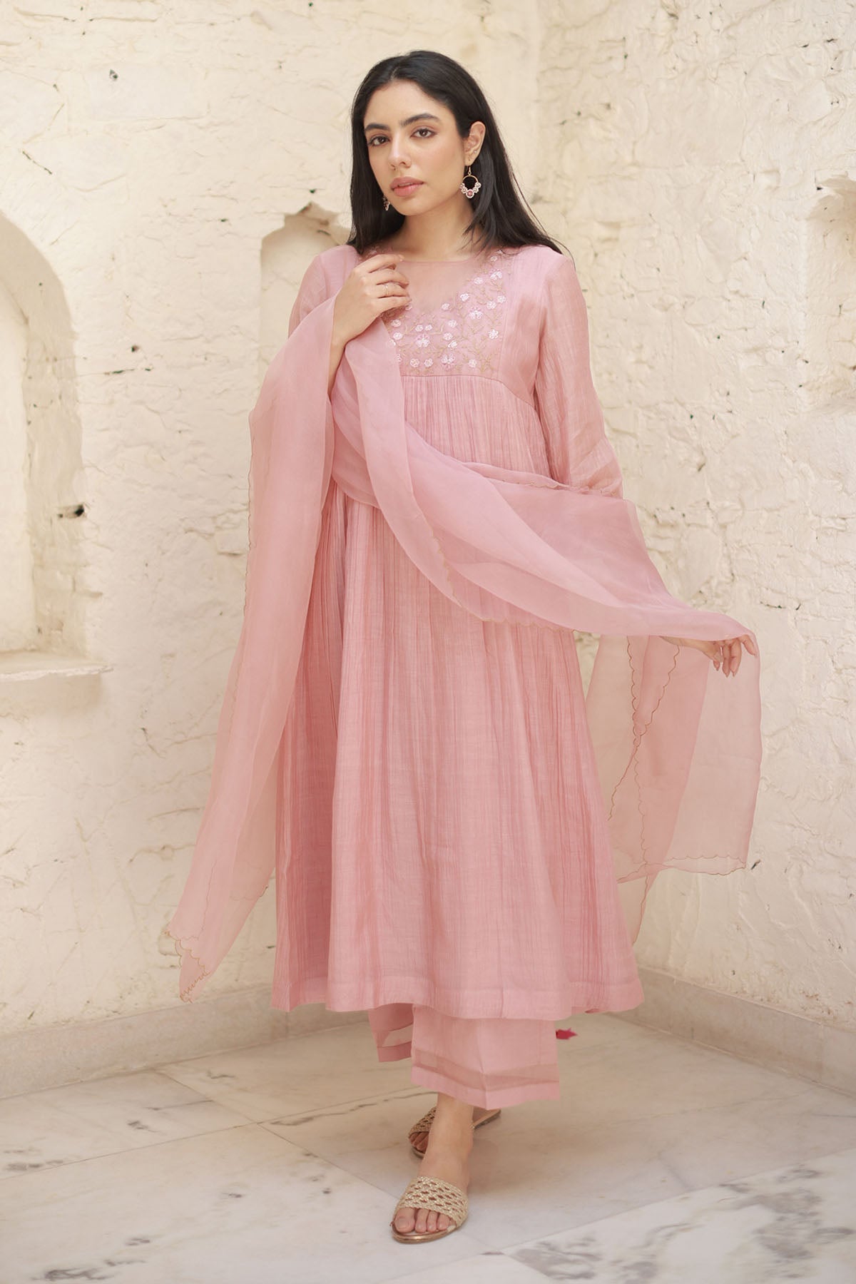 Buy Pink Thread Work Long Kurta Set by Silpaa for women online at ScrollnShops