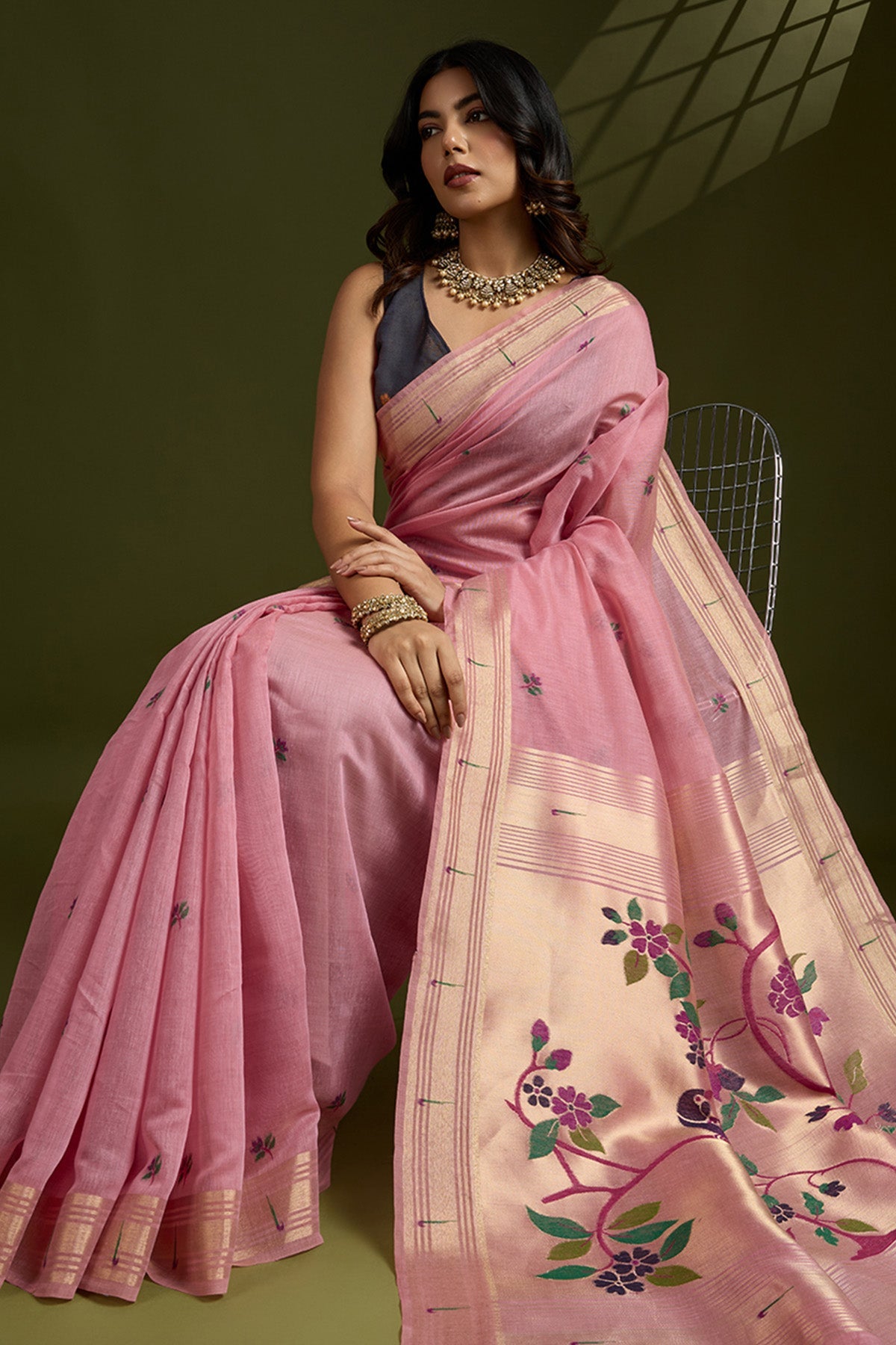 Buy Pink Thread Work Paithani Saree for Women Online available at ScrollnShops