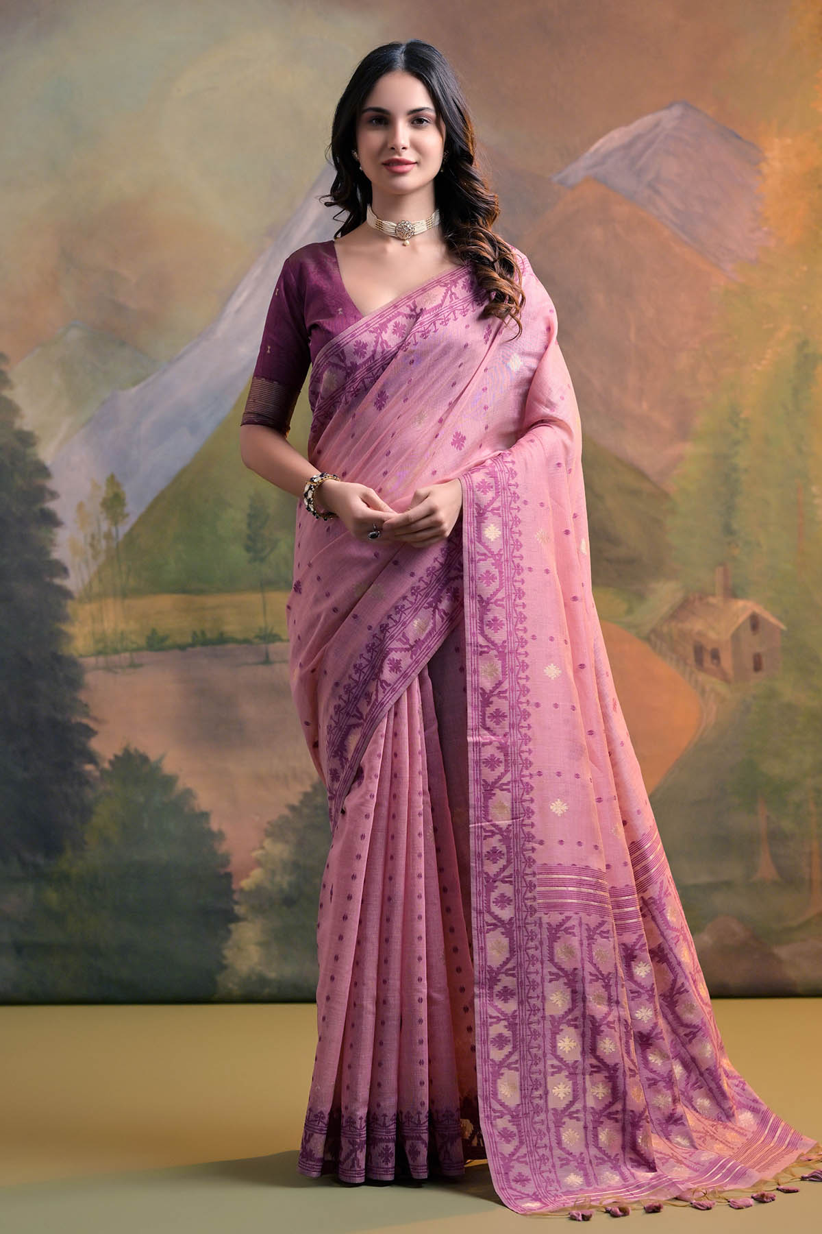 Buy Pink Thread Woven Butti Saree by Lili Lala for women online at ScrollnShops