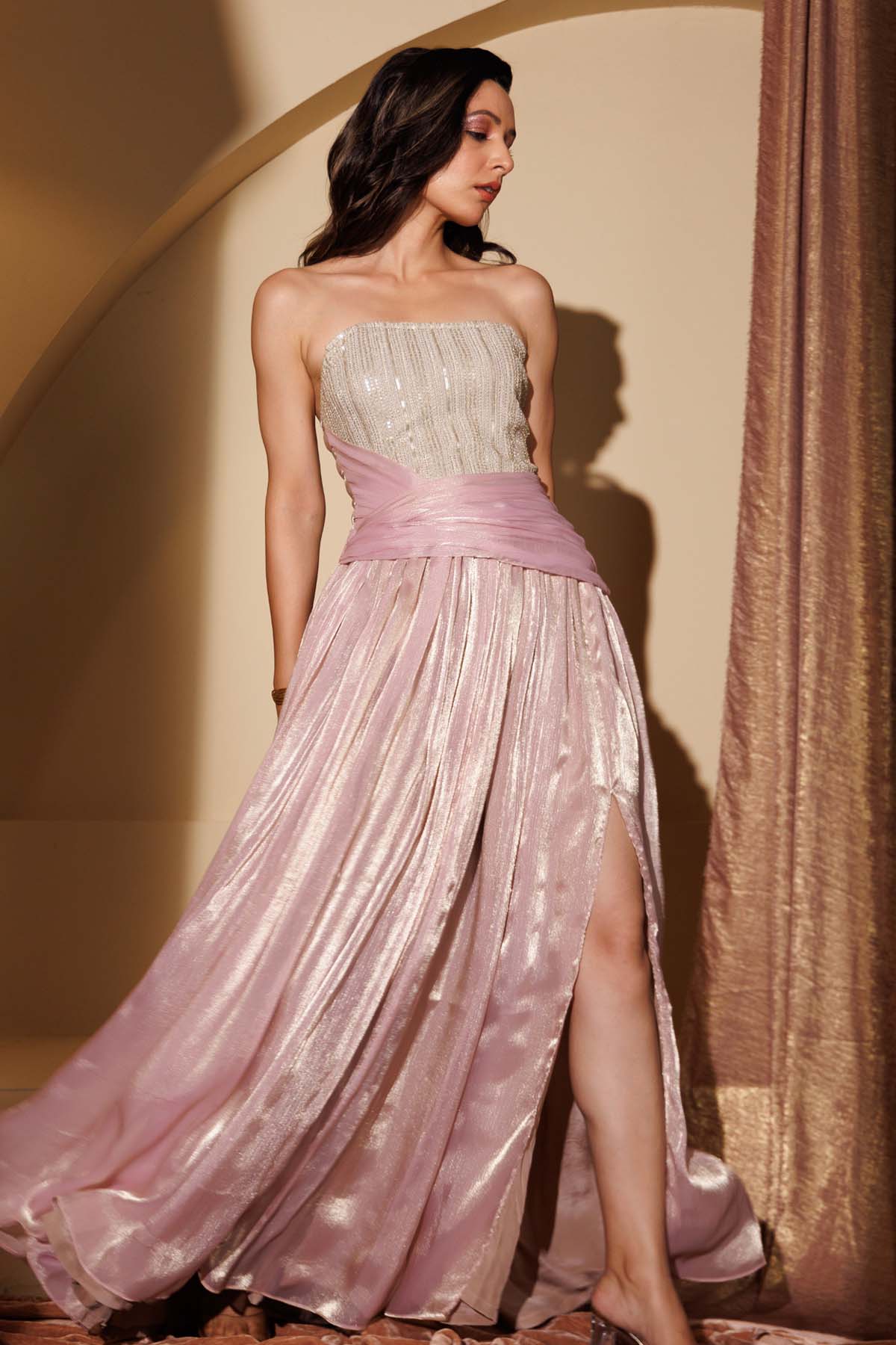 Pink Tissue Off Shoulder Gown