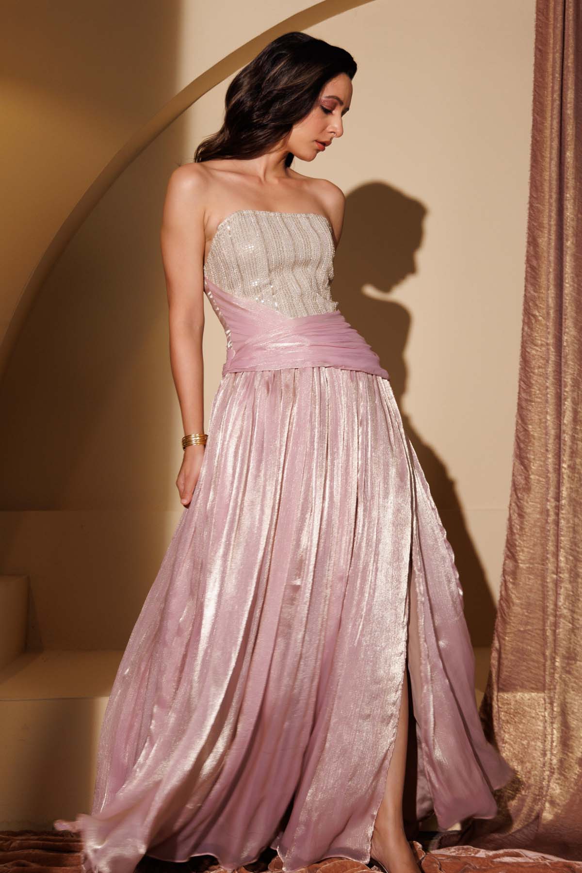 Pink Tissue Off Shoulder Gown