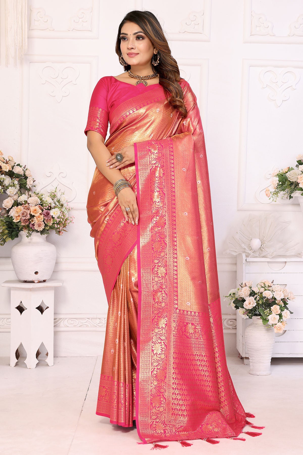 Buy Pink Tissue Silk Fancy Saree for women by Aastha Fashion online available at scrollnshops