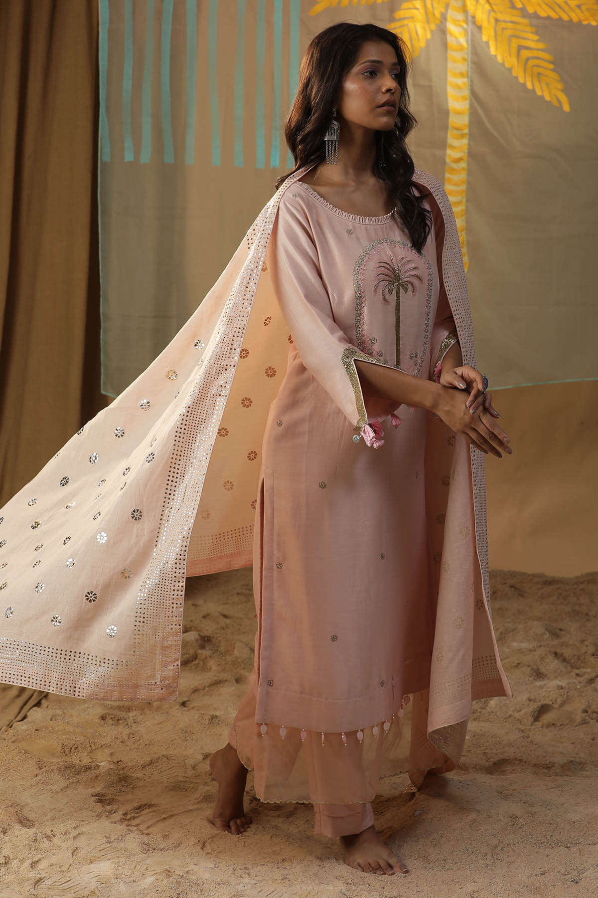 Pink Tree Embroidered Kurta Set