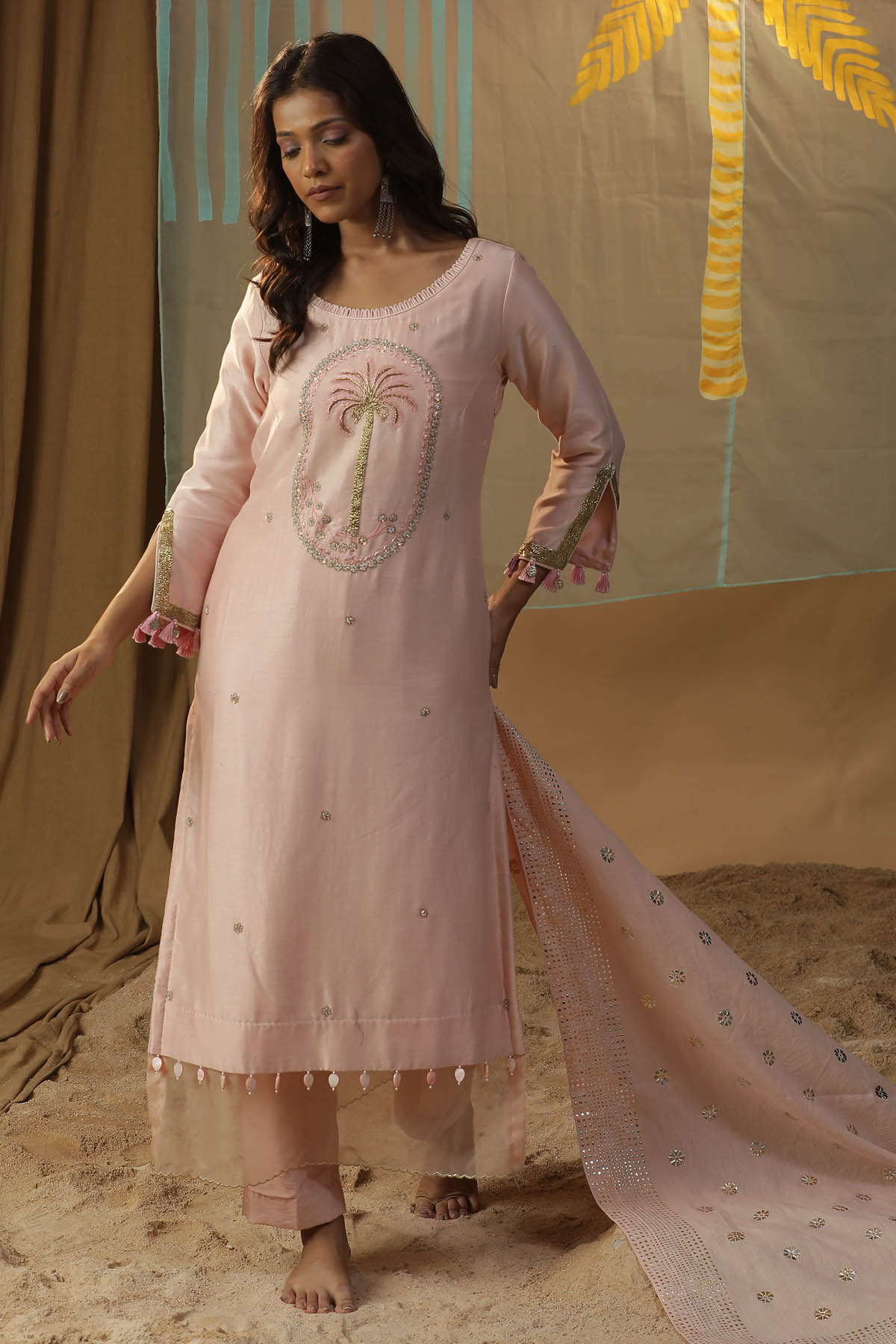 Pink Tree Embroidered Kurta Set