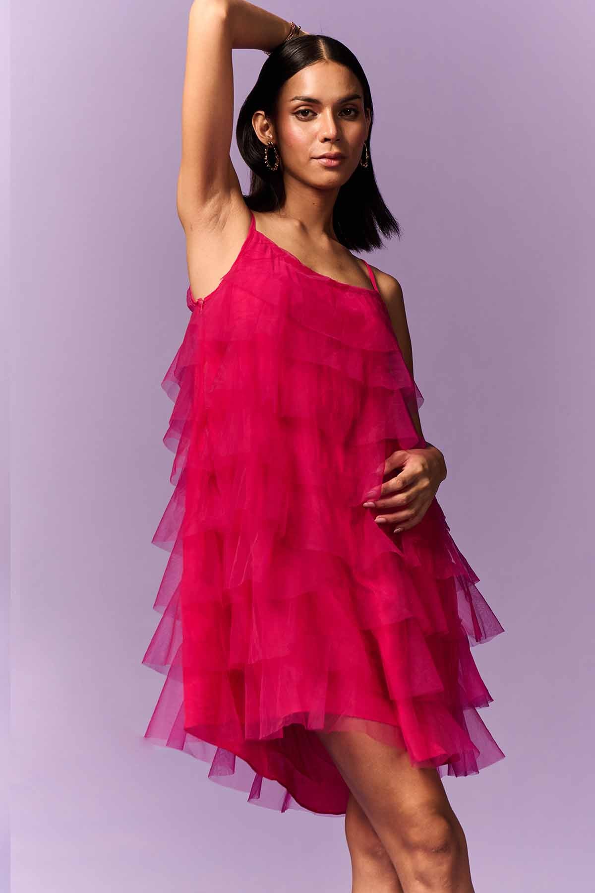 Pink Tulle Layered Mini Dress