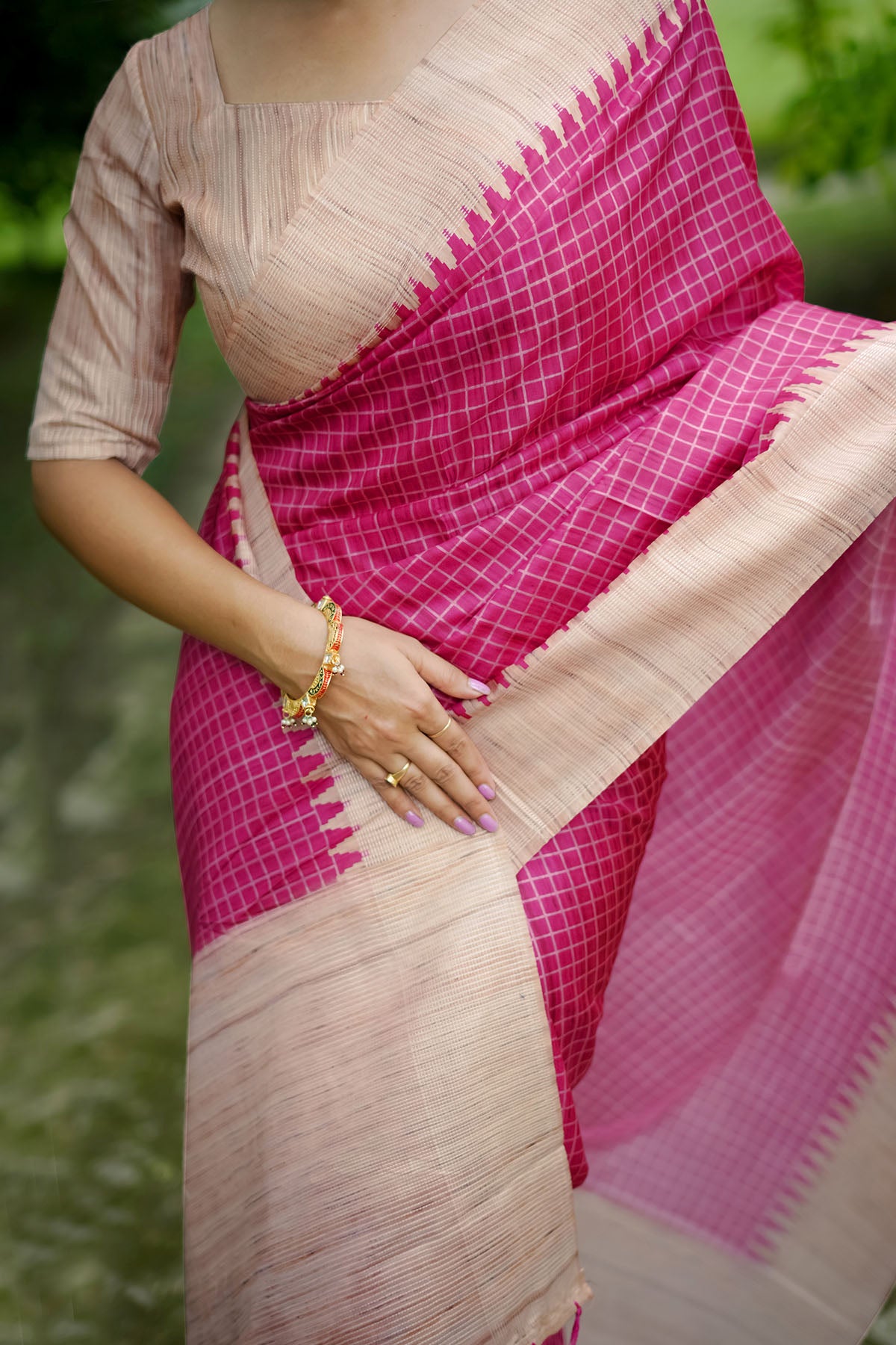 Pink Tussar Silk Checked Saree