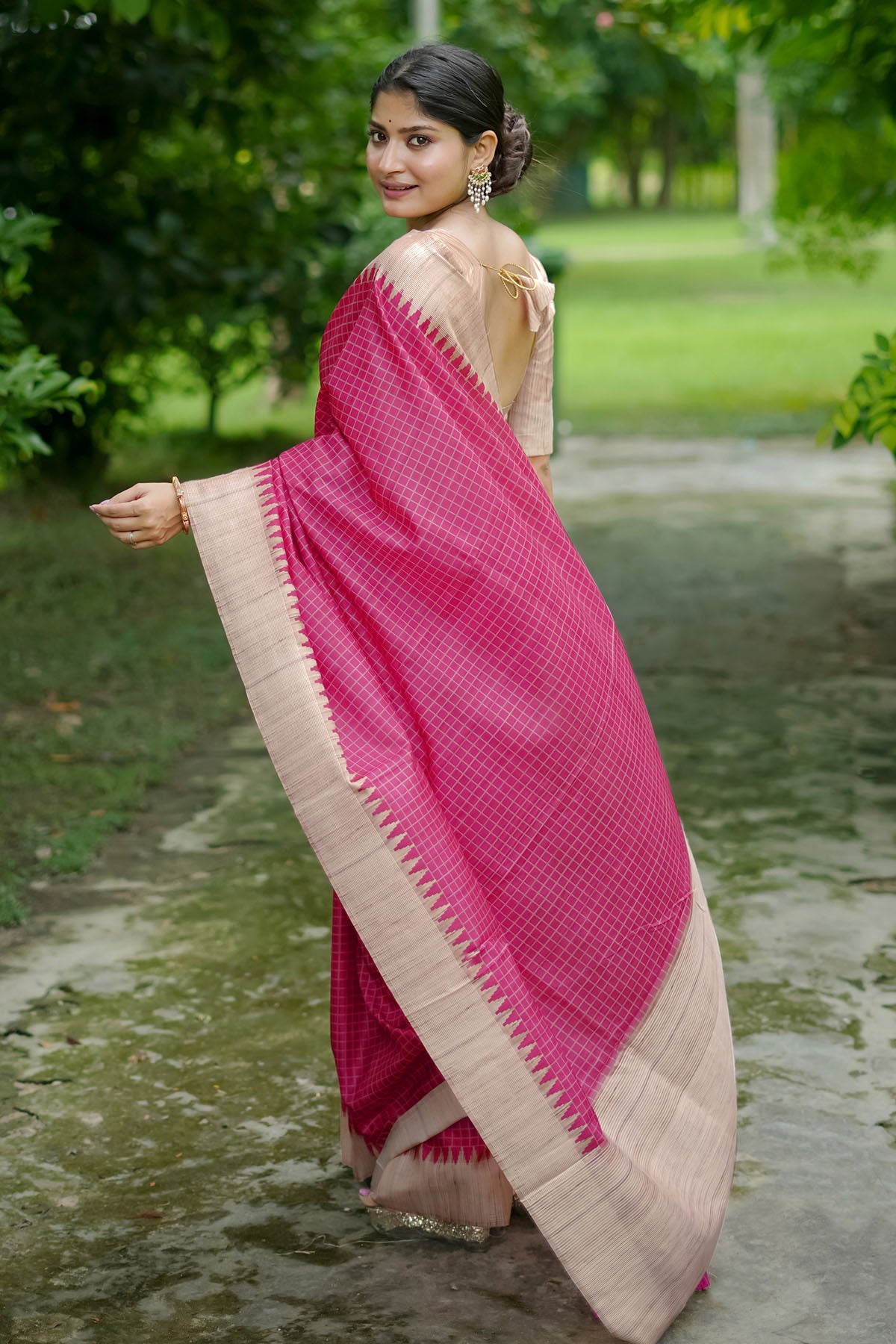 Pink Tussar Silk Checked Saree