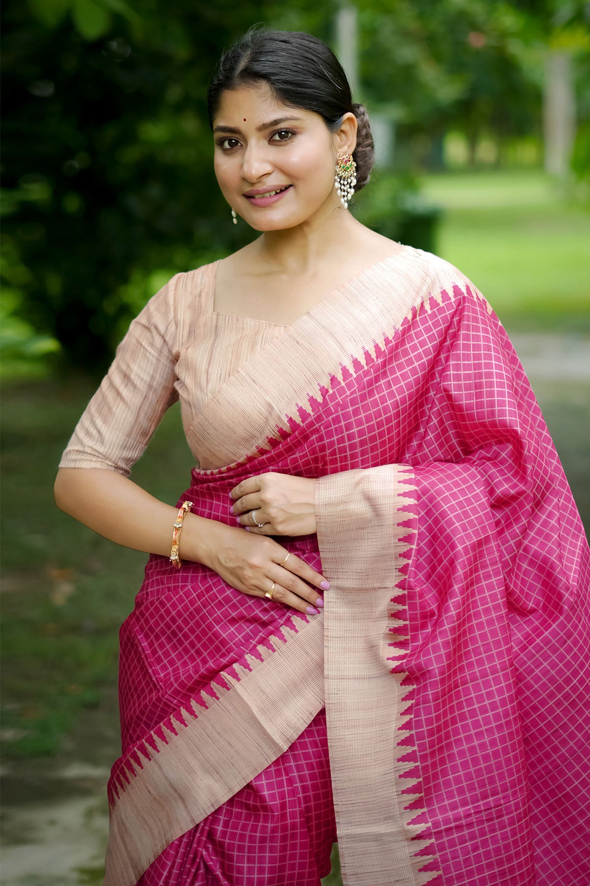 Pink Tussar Silk Checked Saree