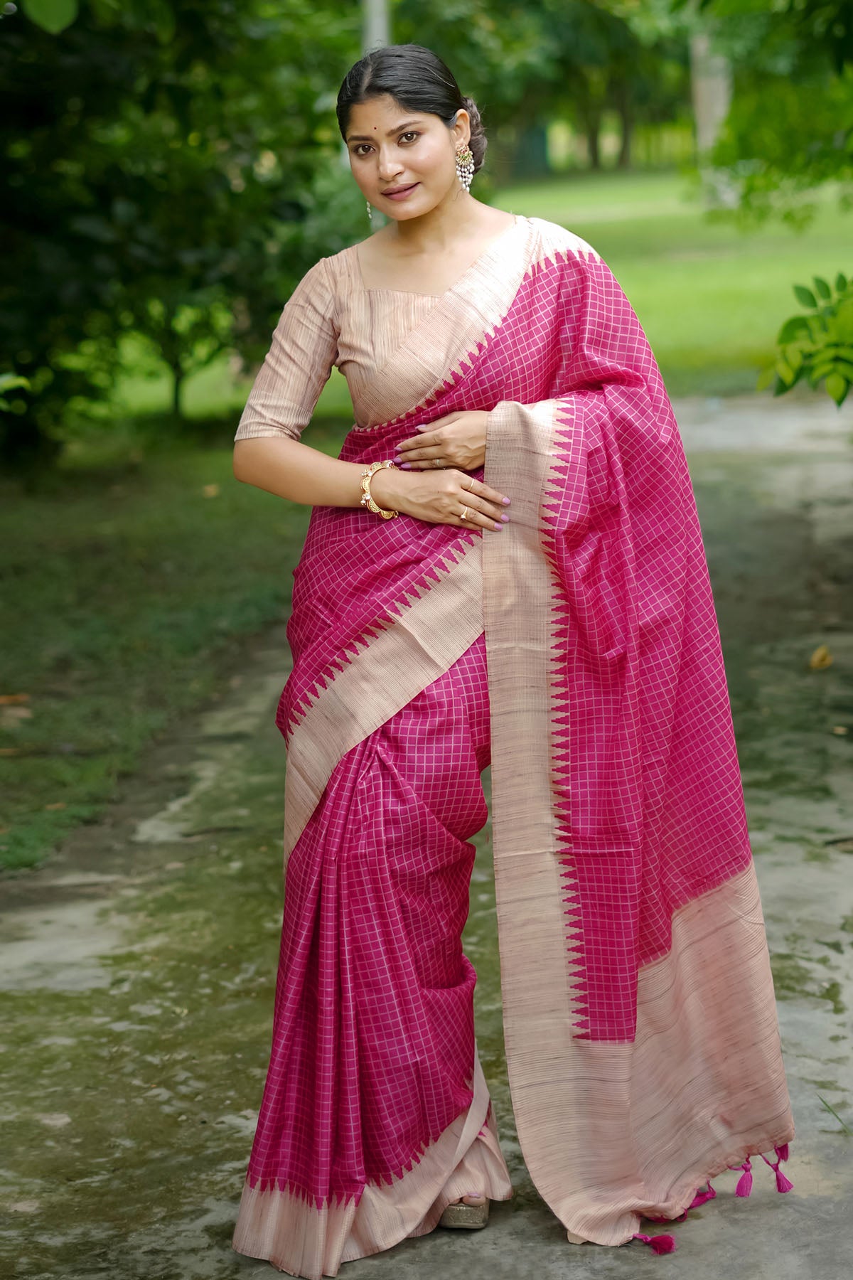 Pink Tussar Silk Checked Saree