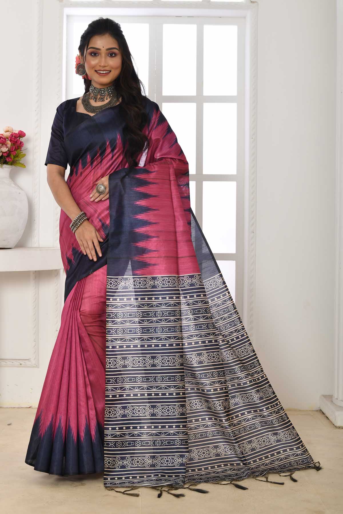 Buy Designer Pink Tussar Silk ikkat Print Saree Online
