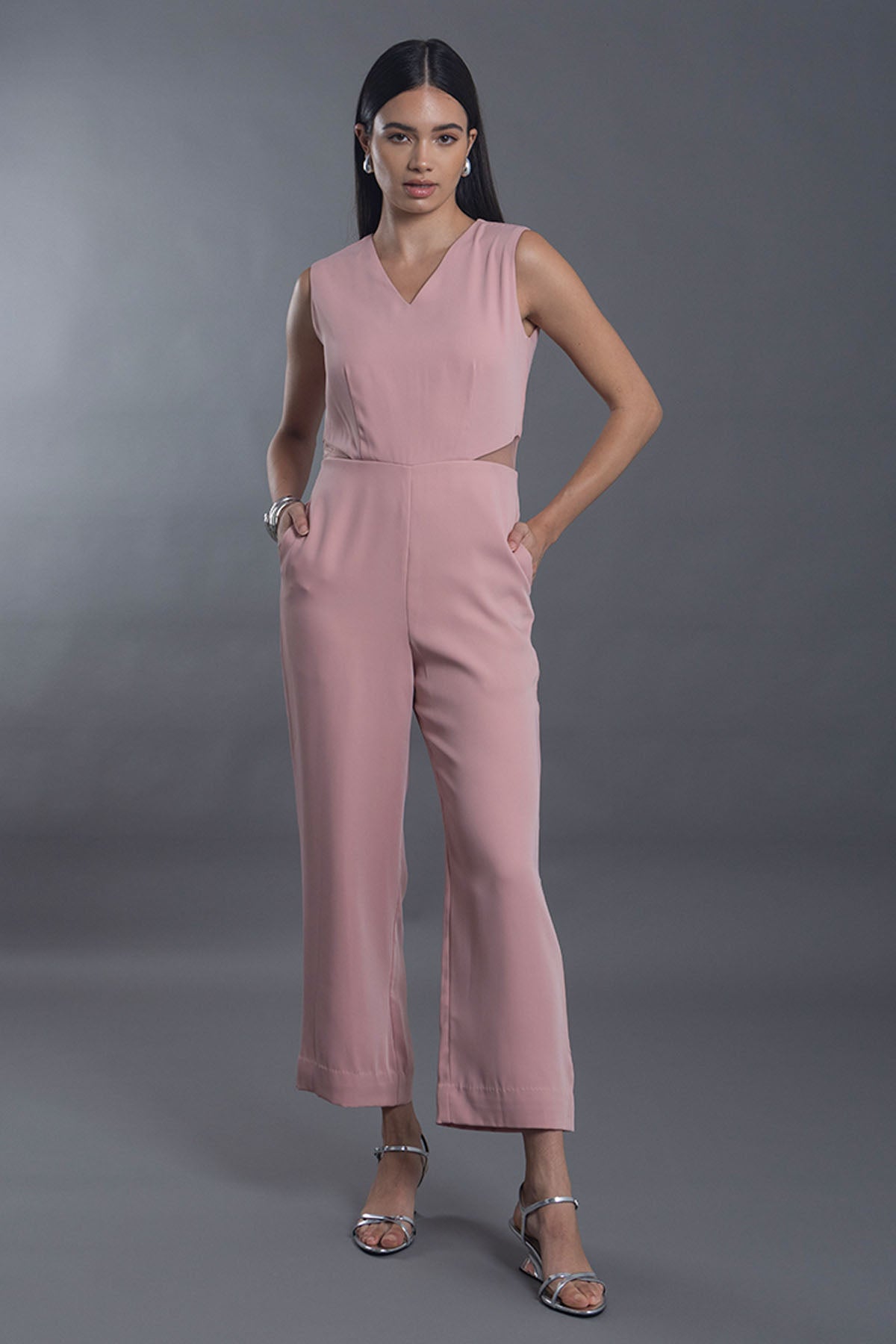 Pink V-Neck Cut-Out Jumpsuit