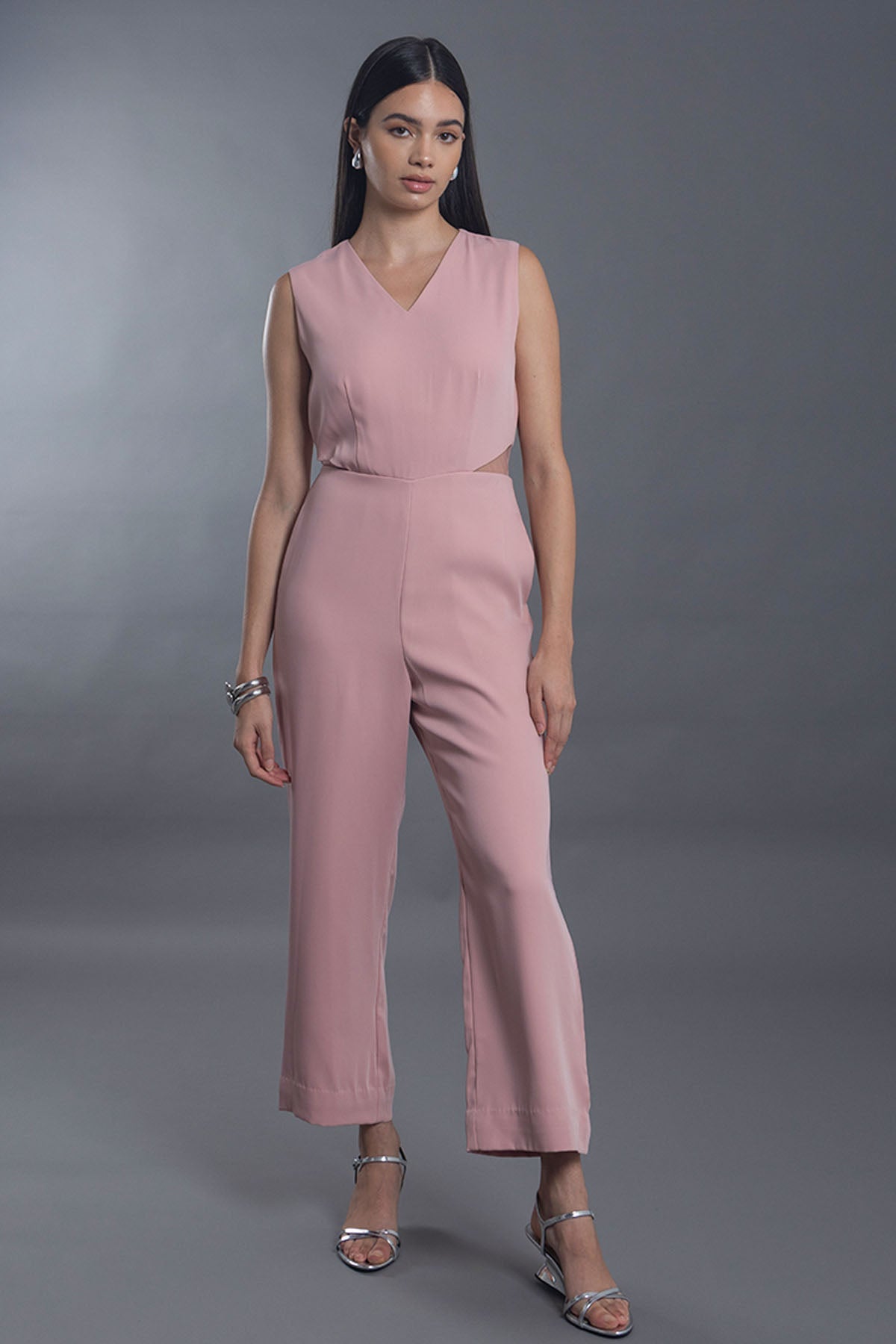 Vanten Pink V-Neck Cut-Out Jumpsuit for women online at ScrollnShops