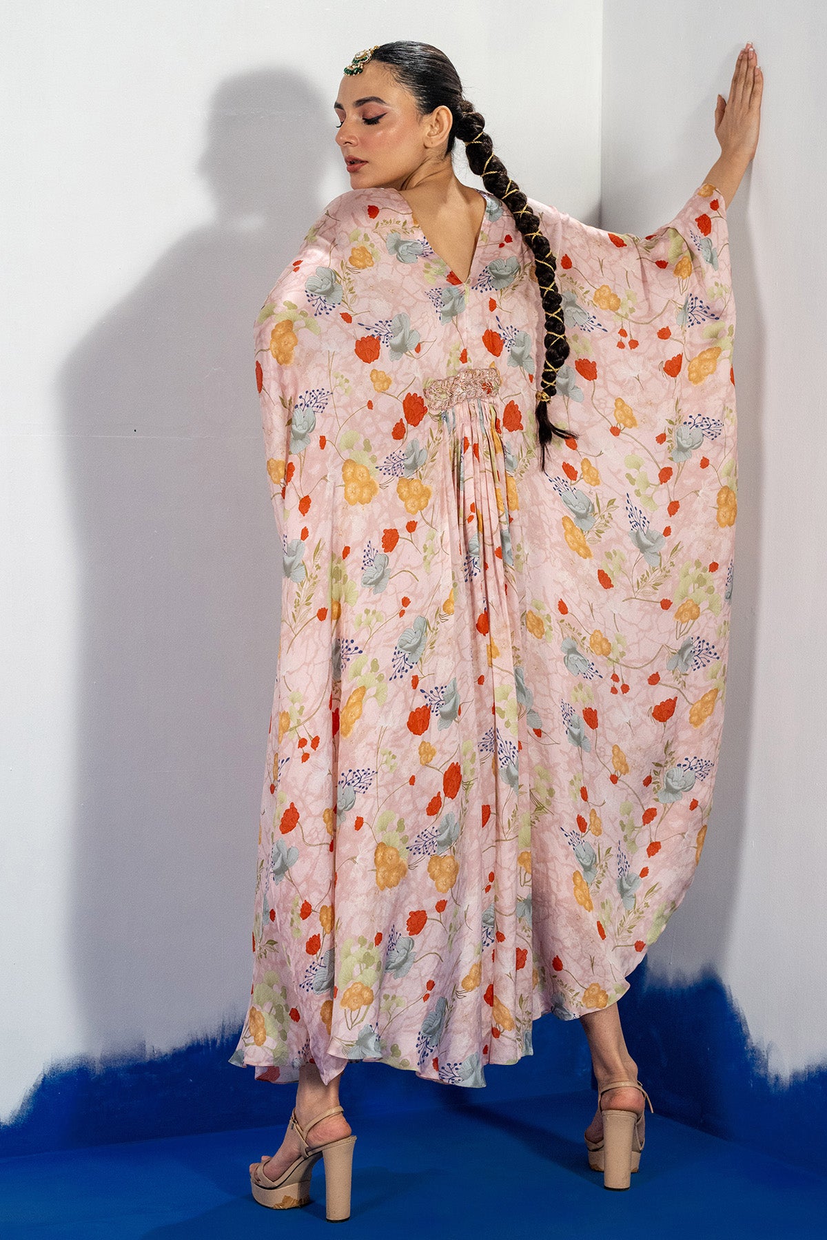 Pink V-Neck Embroidered Kaftan