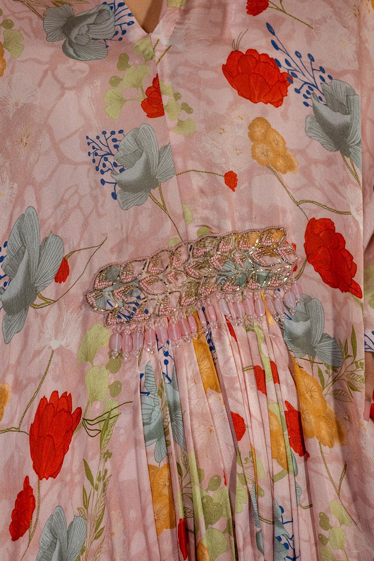 Pink V-Neck Embroidered Kaftan