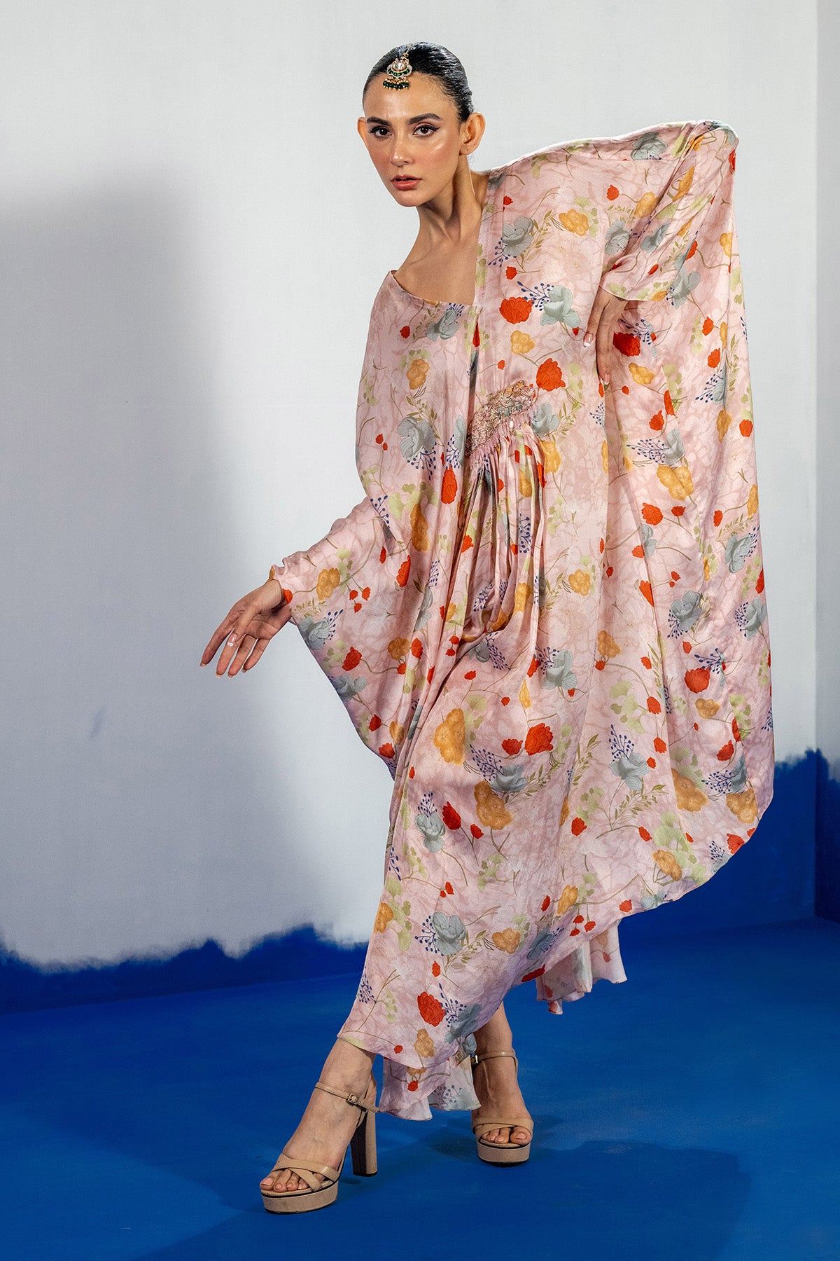 Pink V-Neck Embroidered Kaftan