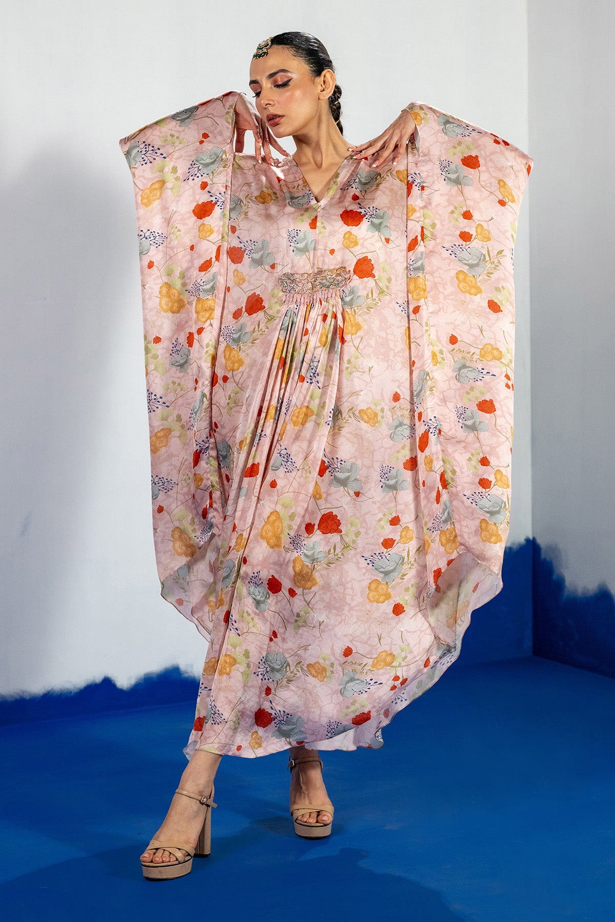 Pink V-Neck Embroidered Kaftan