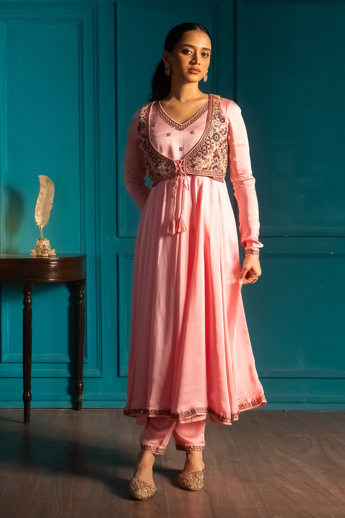 Pink V-Neck Flared Anarkali Set