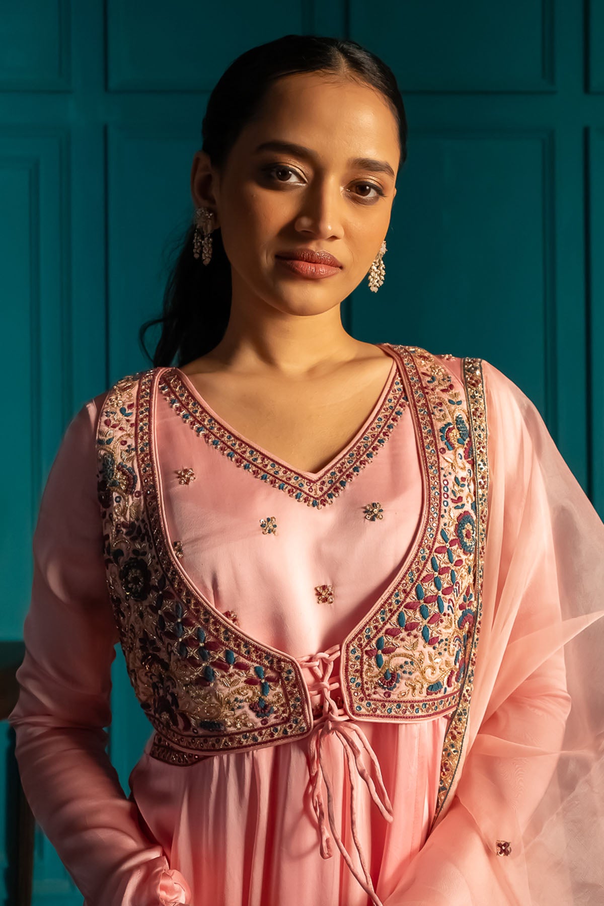 Pink V-Neck Flared Anarkali Set