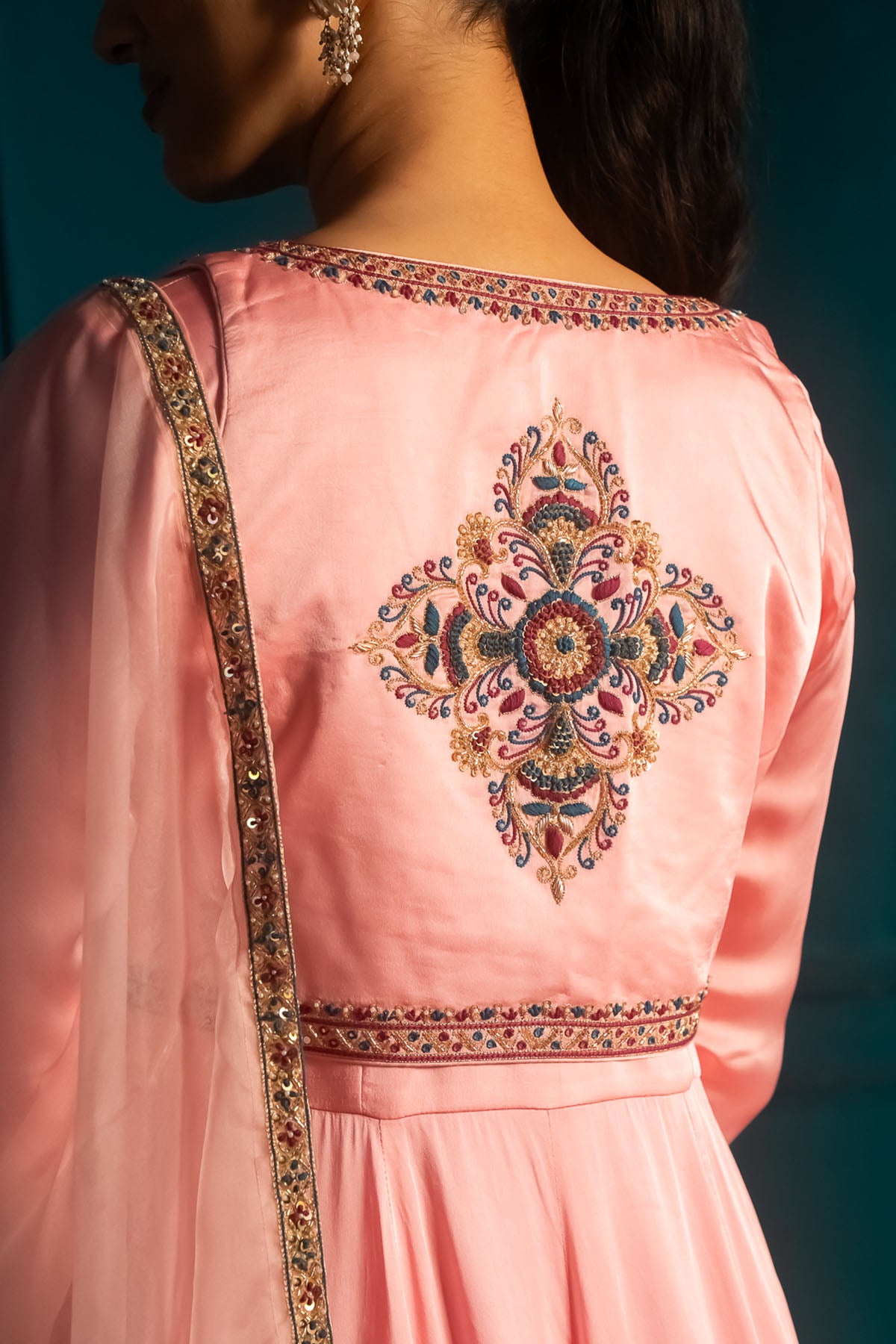 Pink V-Neck Flared Anarkali Set